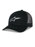 Alpinestars Reflect Ageless Trucker Hat, svart keps med meshpaneler på baksidan, reflekterande silverfärgad Astars-logotyp framtill, böjd skärm och strukturerad krona, casual motorsport-huvudbonad