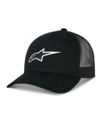 Alpinestars Reflect Ageless Trucker Hat, svart keps med meshpaneler på baksidan, reflekterande silverfärgad Astars-logotyp framtill, böjd skärm och strukturerad krona, casual motorsport-huvudbonad