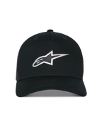 Alpinestars Reflect Ageless Trucker Hat, truckerkeps, svart, med en reflekterande Astars-logotyp i silver framtill, strukturerad krona med böjd skärm och ventilerande meshbaksida, avslappnad motorsport-inspirerad huvudbonad