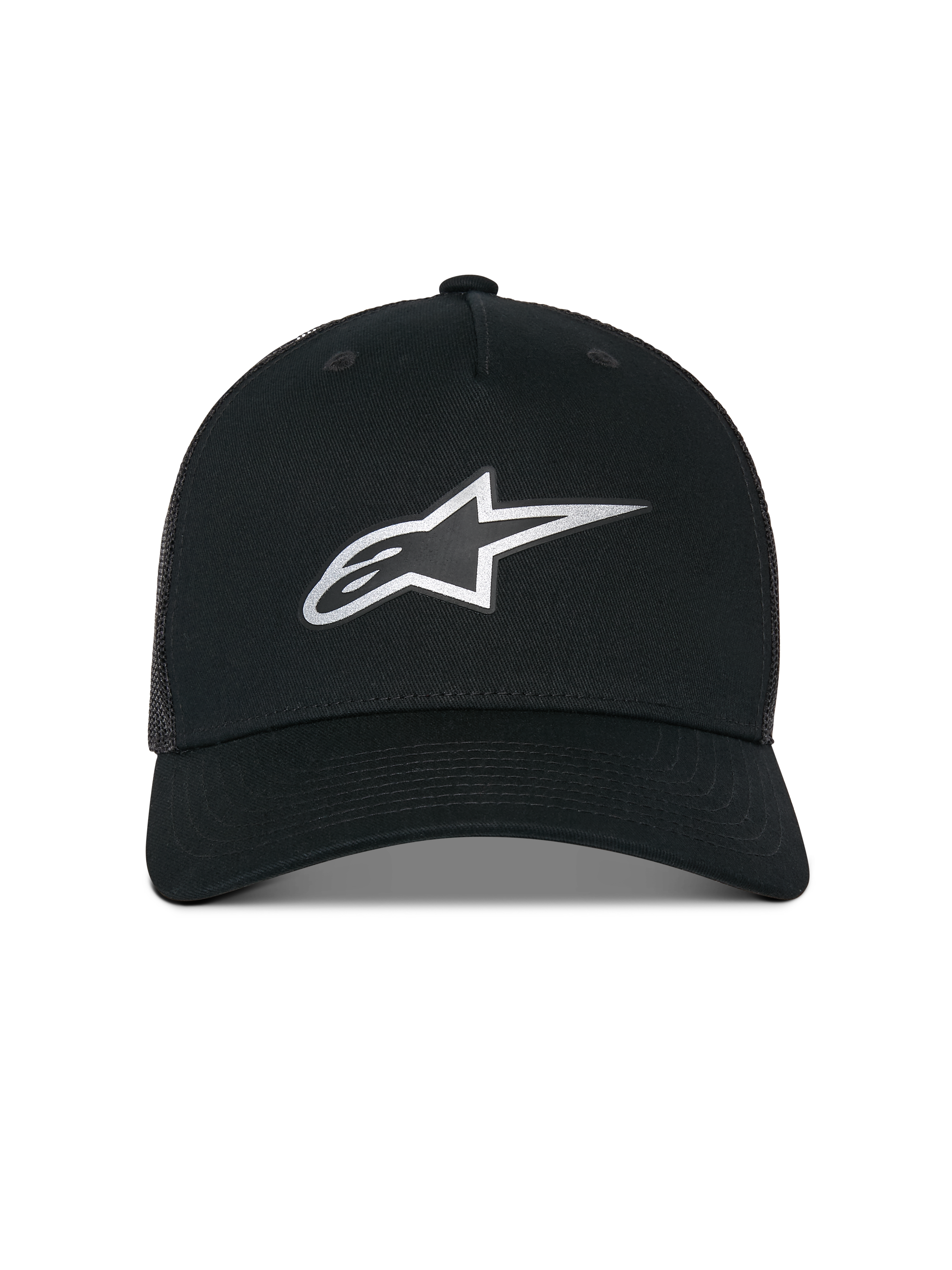 Alpinestars Reflect Ageless Trucker Hat, truckerkeps, svart, med en reflekterande Astars-logotyp i silver framtill, strukturerad krona med böjd skärm och ventilerande meshbaksida, avslappnad motorsport-inspirerad huvudbonad