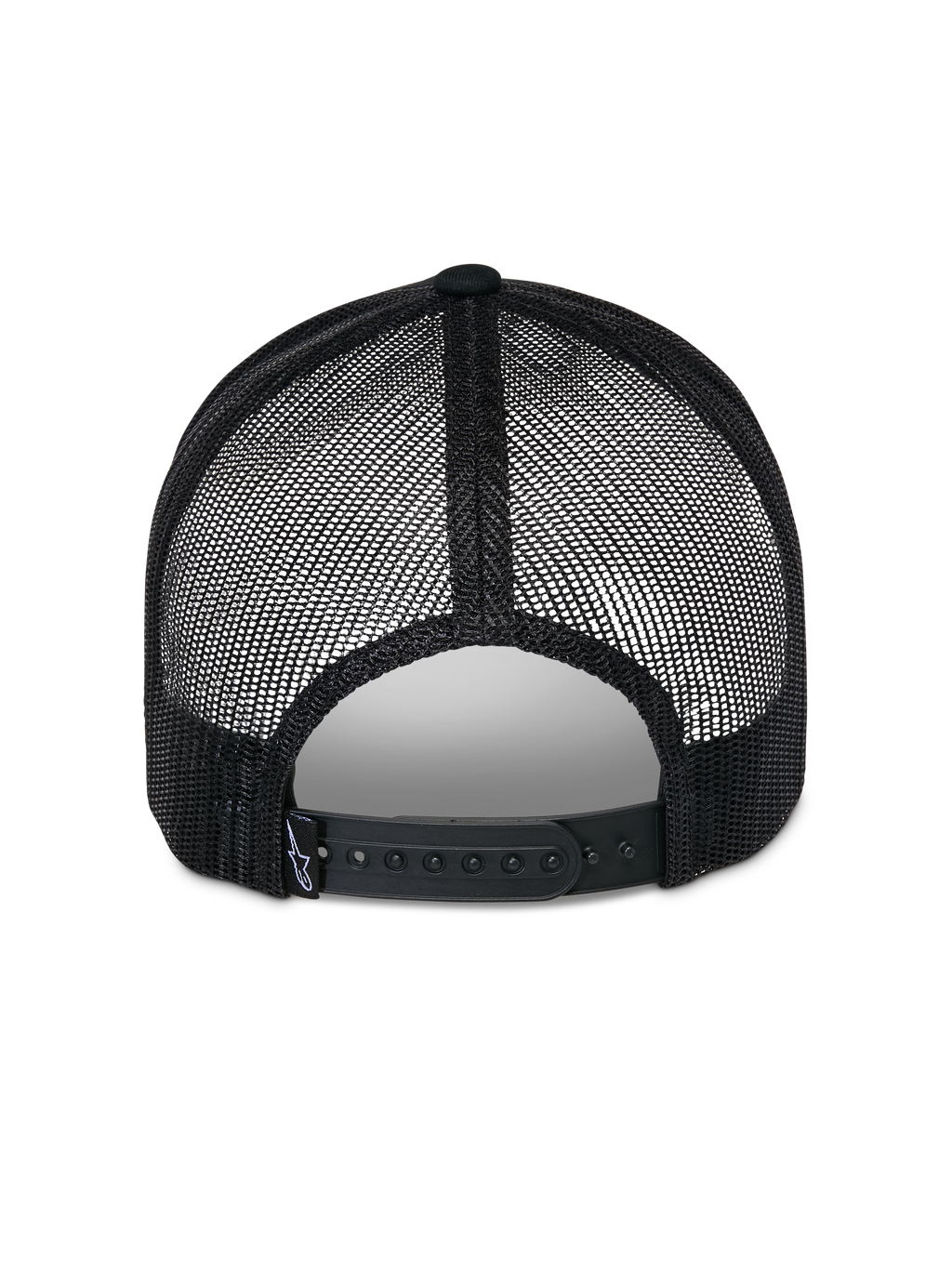 Alpinestars Reflect Ageless Trucker Hat, svart, vy bakifrån som visar ventilerande meshpaneler i polyester och justerbar snapback-knäppning, har en liten vävd märkesetikett, avslappnad motorsportinspirerad huvudbonad.