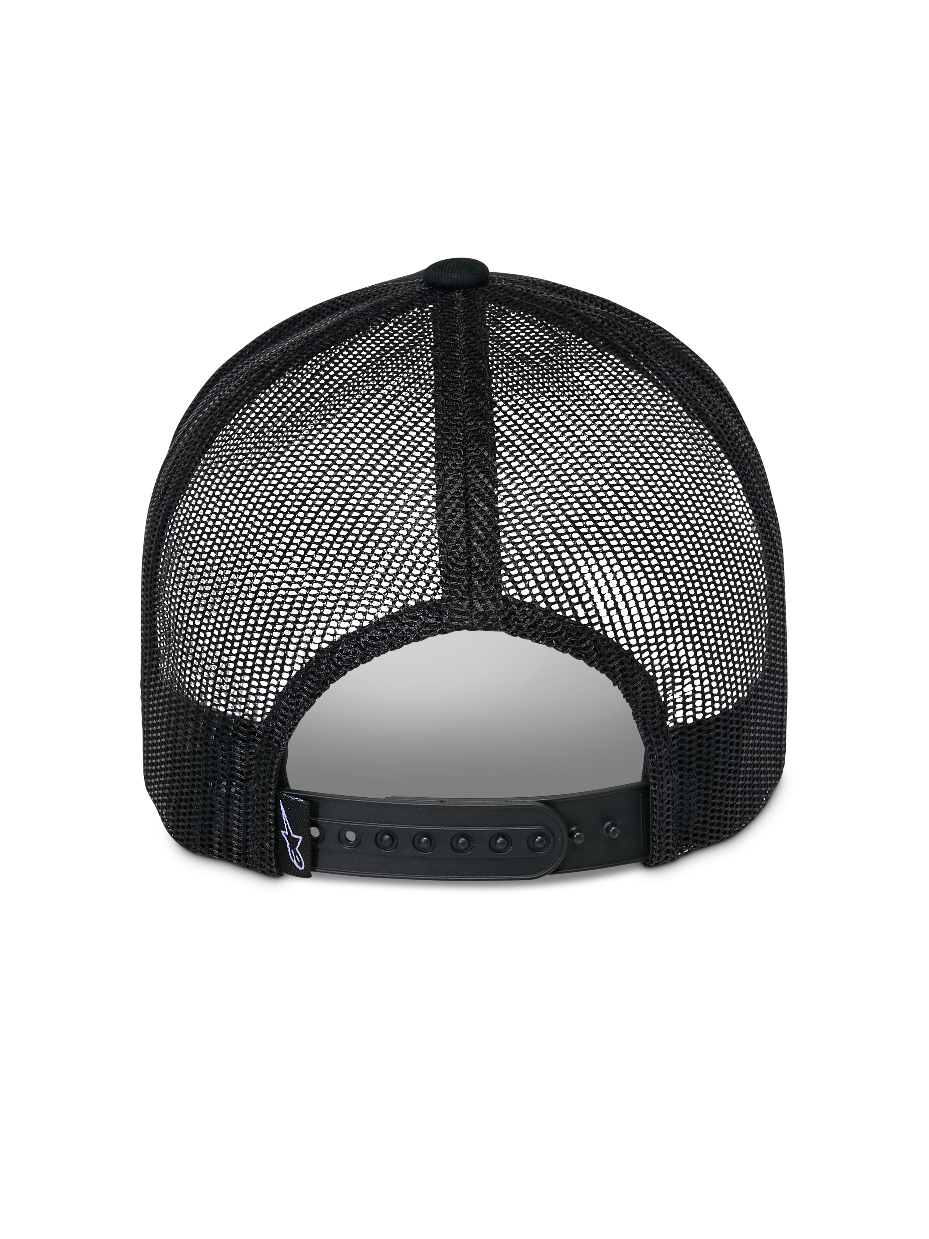 Alpinestars Reflect Ageless Trucker Hat, svart, vy bakifrån som visar ventilerande meshpaneler i polyester och justerbar snapback-knäppning, har en liten vävd märkesetikett, avslappnad motorsportinspirerad huvudbonad.