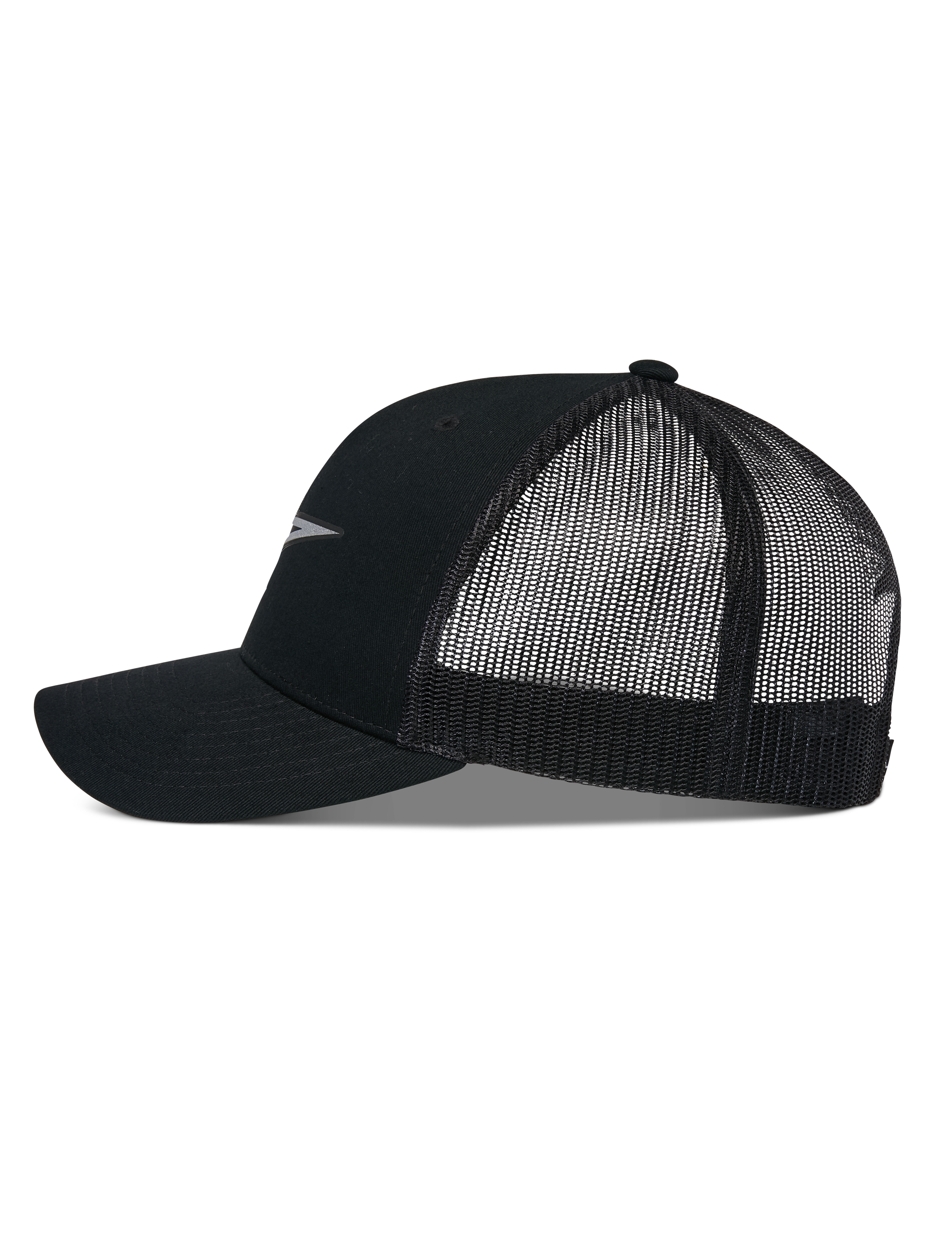 Alpinestars Reflect Ageless Trucker Hat, profilvy, svart, böjd skärm med strukturerad krona, ventilerande meshpaneler baktill, reflekterande logotyp, casual motorsport-keps