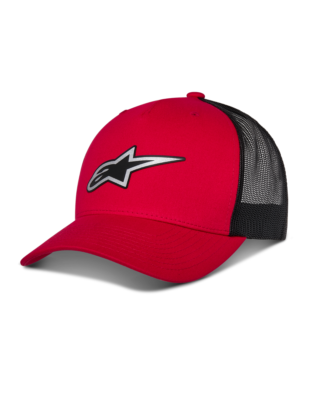 Alpinestars Reflect Ageless Trucker-keps, röd och svart baseballkeps, böjd skärm med reflekterande Astars-logotyp, bakpaneler i svart nät, strukturerad design