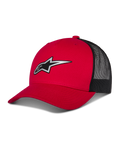 Alpinestars Reflect Ageless Trucker-keps, röd och svart baseballkeps, böjd skärm med reflekterande Astars-logotyp, bakpaneler i svart nät, strukturerad design