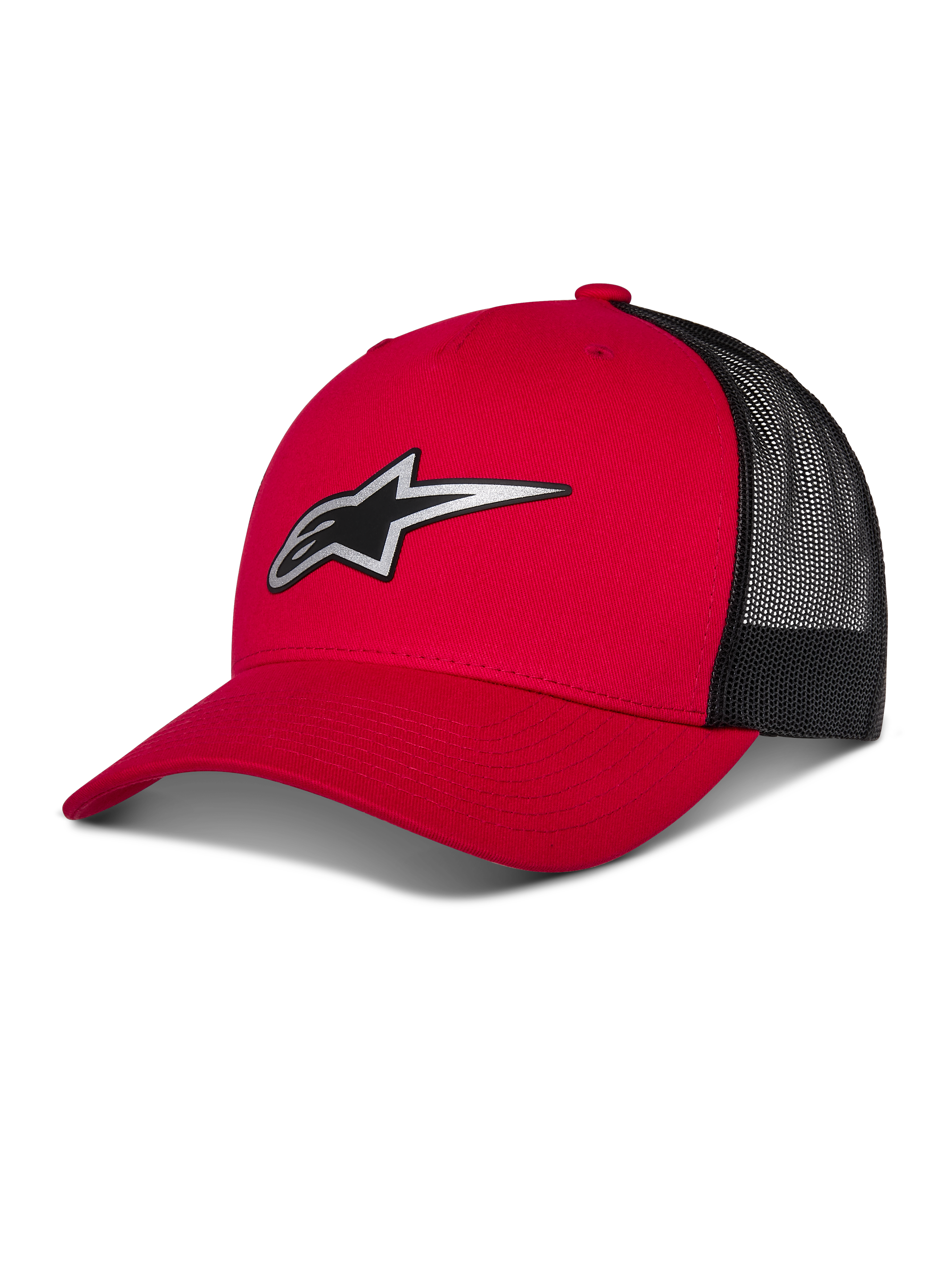 Alpinestars Reflect Ageless Trucker-keps, röd och svart baseballkeps, böjd skärm med reflekterande Astars-logotyp, bakpaneler i svart nät, strukturerad design