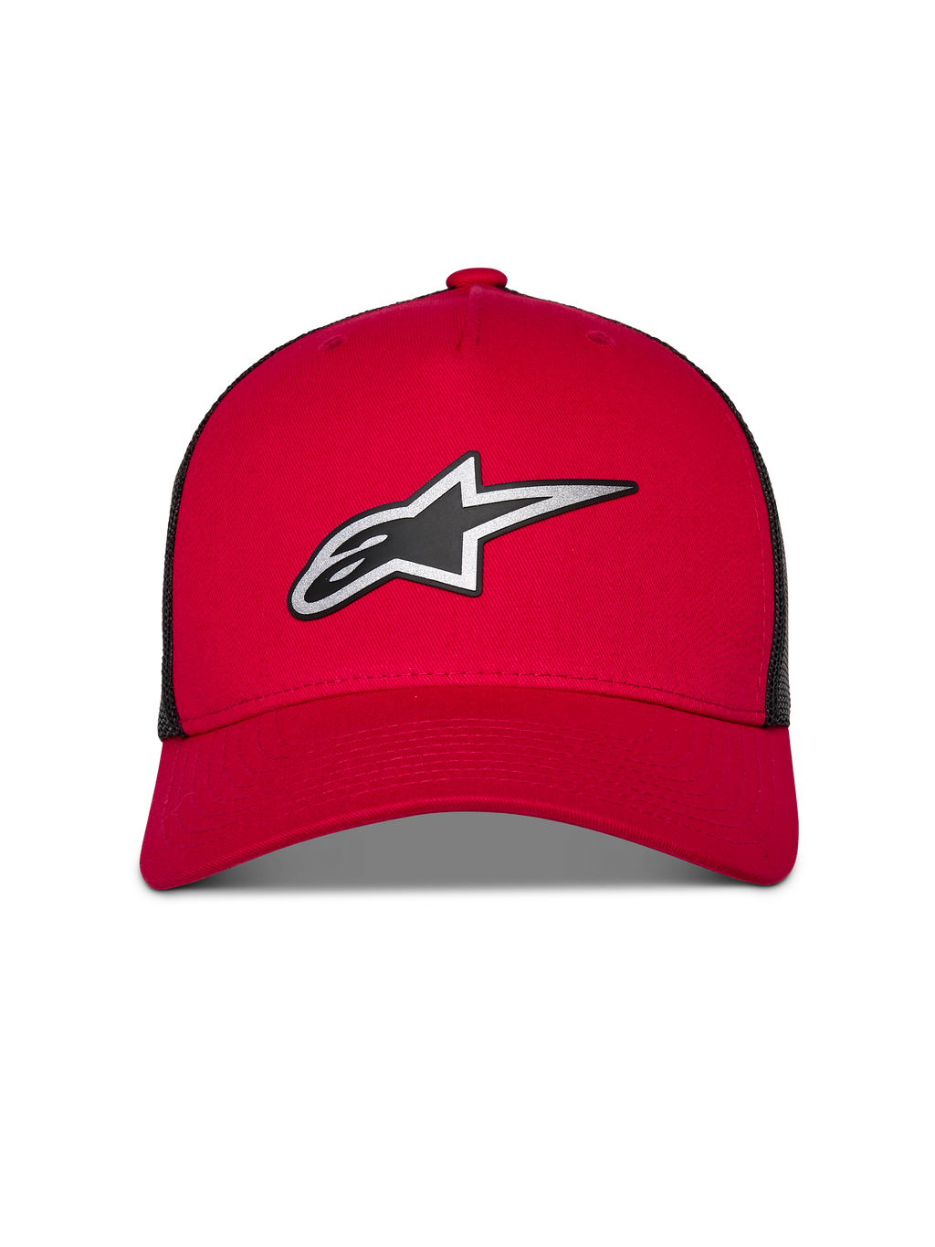 Alpinestars Reflect Ageless Trucker-keps, röd och svart, med en stor reflekterande Astars-logotyp i silver och svart, böjd skärm med strukturerad krona och bakpaneler i svart mesh, avslappnad huvudbonad för motorsport-livsstil