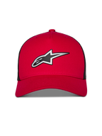 Alpinestars Reflect Ageless Trucker-keps, röd och svart, med en stor reflekterande Astars-logotyp i silver och svart, böjd skärm med strukturerad krona och bakpaneler i svart mesh, avslappnad huvudbonad för motorsport-livsstil