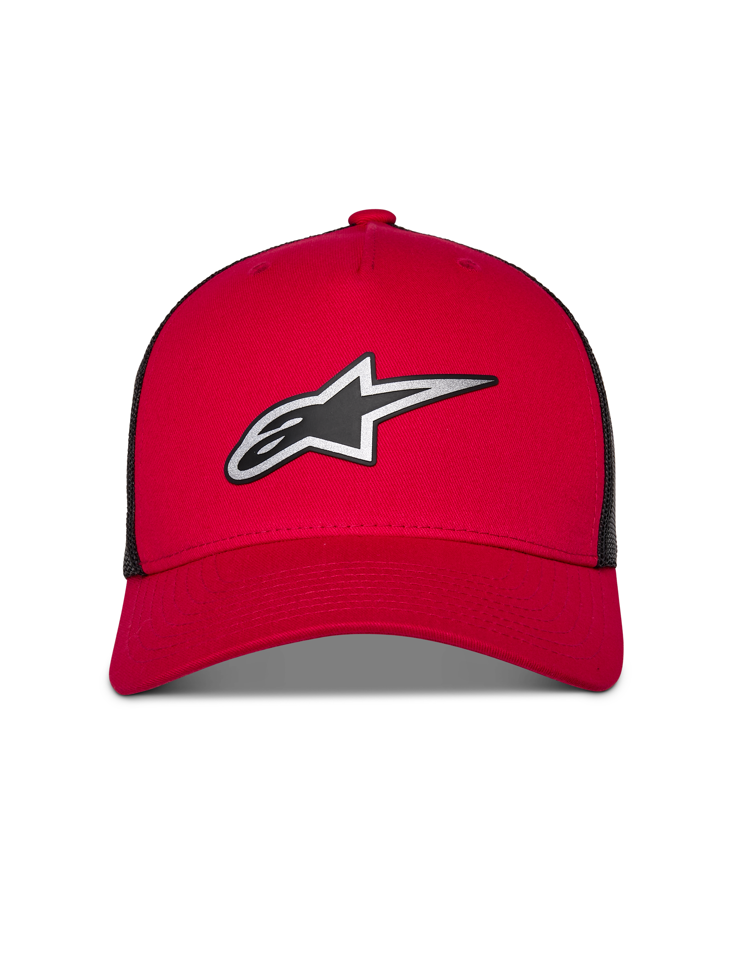 Alpinestars Reflect Ageless Trucker-keps, röd och svart, med en stor reflekterande Astars-logotyp i silver och svart, böjd skärm med strukturerad krona och bakpaneler i svart mesh, avslappnad huvudbonad för motorsport-livsstil