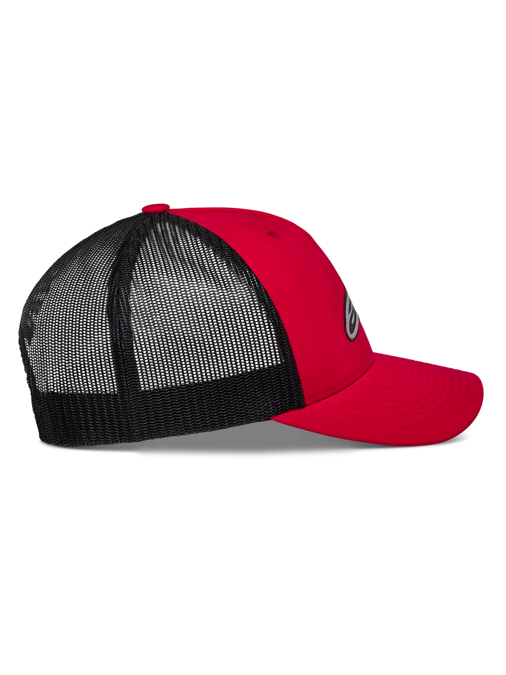Alpinestars Reflect Ageless Trucker-keps, röd och svart, sidoprofil, röd front i twill och böjd skärm, baksida i svart mesh, strukturerad krona, avslappnad motorsportinspirerad huvudbonad