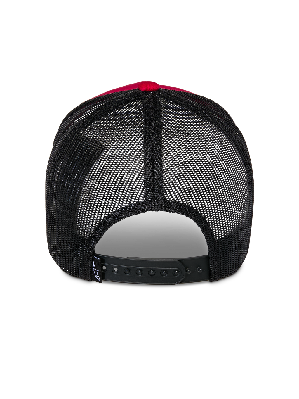 Alpinestars Reflect Ageless Trucker-keps, baksida, röd och svart, med svarta mesh-paneler i polyester och justerbar snapback-knäppning, avslappnad motorsportinspirerad huvudbonad