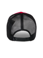 Alpinestars Reflect Ageless Trucker-keps, baksida, röd och svart, med svarta mesh-paneler i polyester och justerbar snapback-knäppning, avslappnad motorsportinspirerad huvudbonad