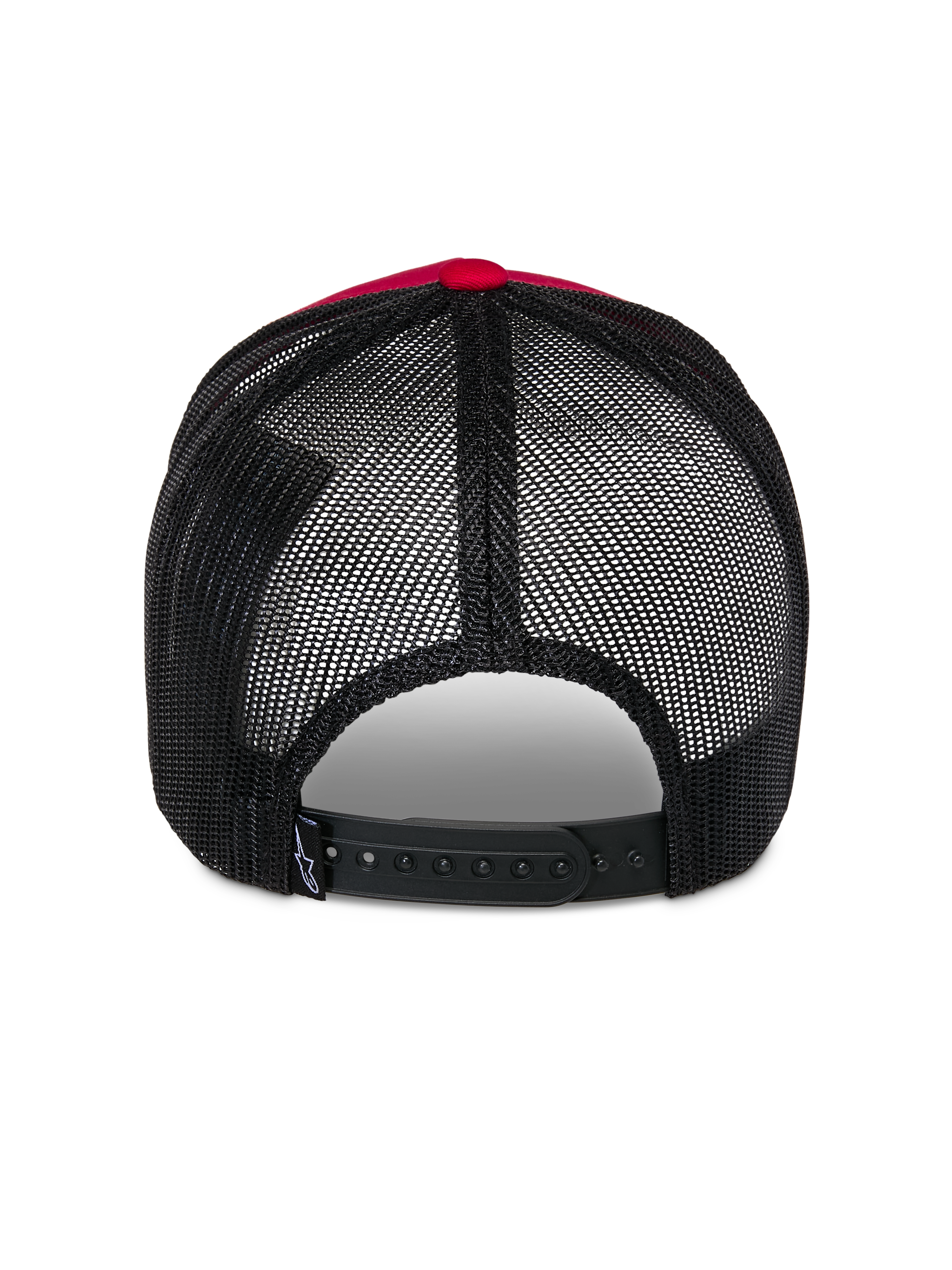 Alpinestars Reflect Ageless Trucker-keps, baksida, röd och svart, med svarta mesh-paneler i polyester och justerbar snapback-knäppning, avslappnad motorsportinspirerad huvudbonad