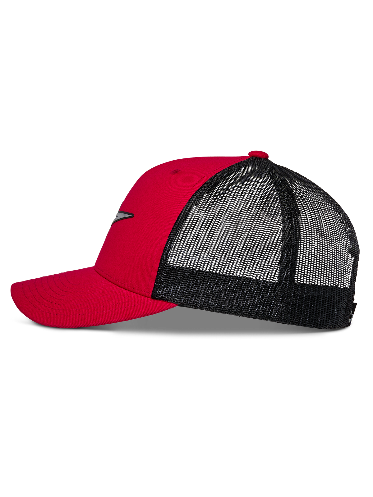 Alpinestars Reflect Ageless Trucker-keps, röd och svart, profilvy som visar böjd skärm, strukturerad röd krona och baksida i svart mesh, vardaglig motorsport-inspirerad huvudbonad