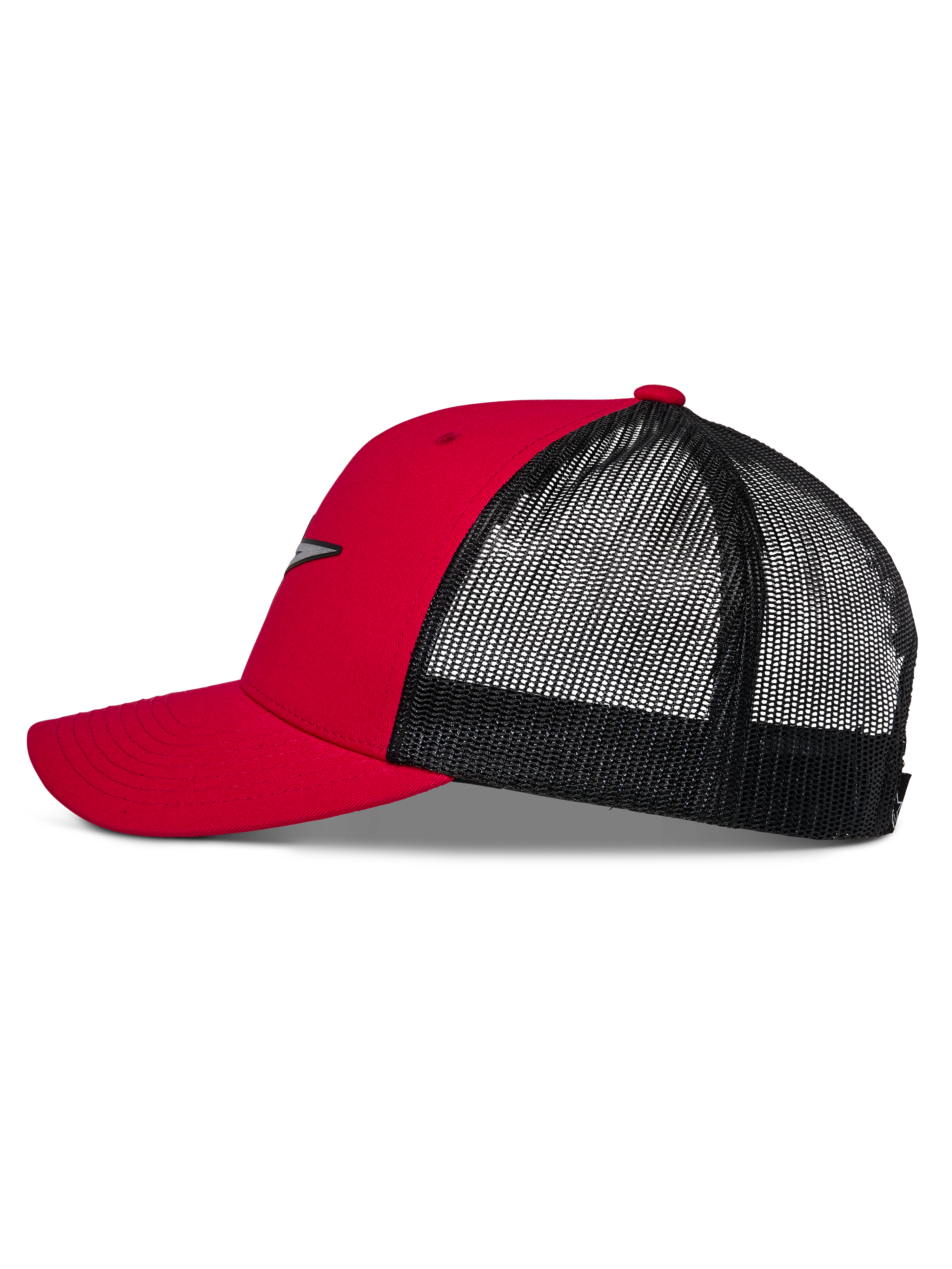Alpinestars Reflect Ageless Trucker-keps, röd och svart, profilvy som visar böjd skärm, strukturerad röd krona och baksida i svart mesh, vardaglig motorsport-inspirerad huvudbonad