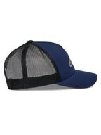 Alpinestars Reflect Ageless Trucker Hat, Navy and Black, side view with curved bill and breathable black mesh back, structured crown, casual motorsport headwear
