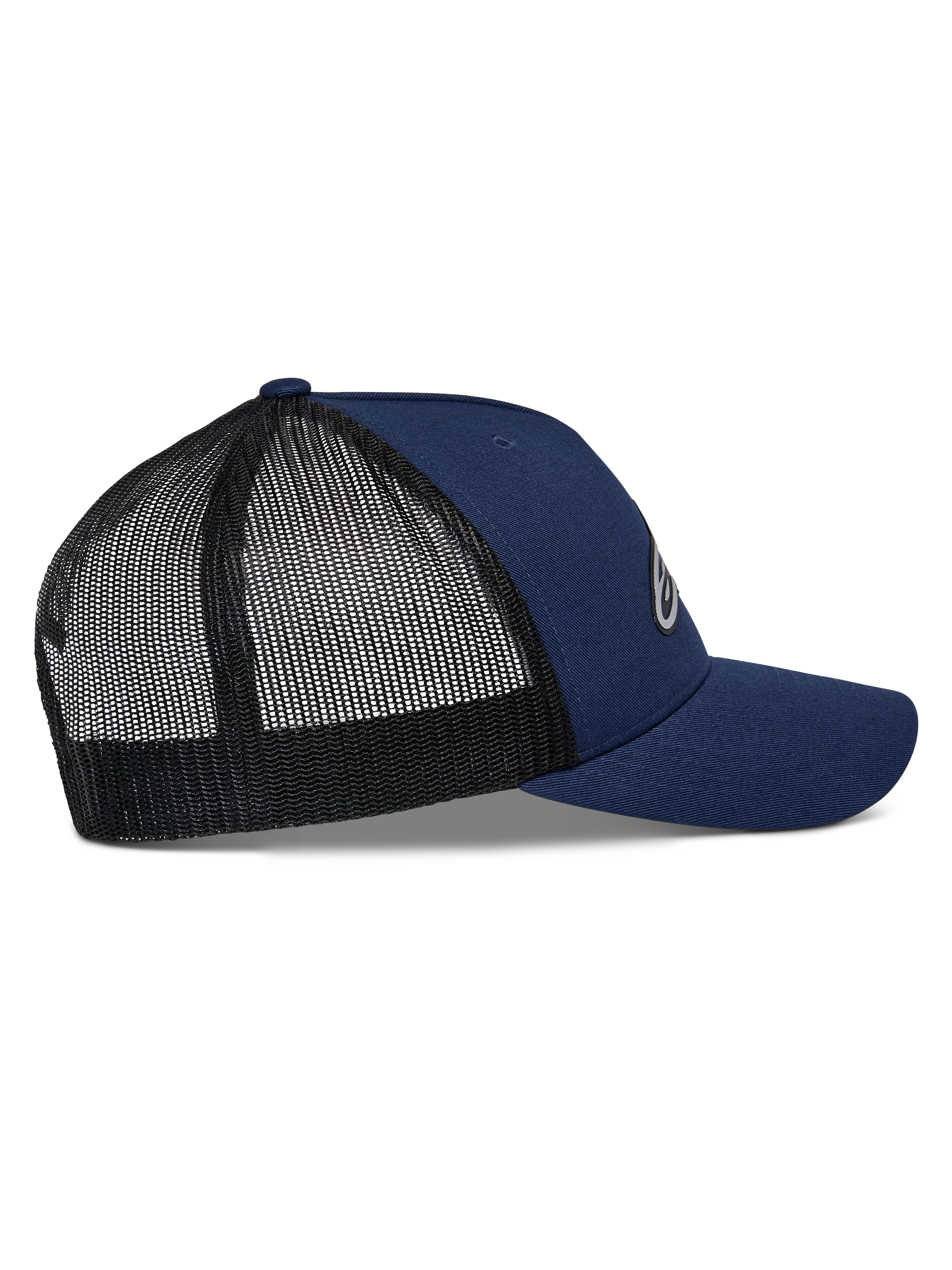 Alpinestars Reflect Ageless Trucker Hat, Navy and Black, side view with curved bill and breathable black mesh back, structured crown, casual motorsport headwear