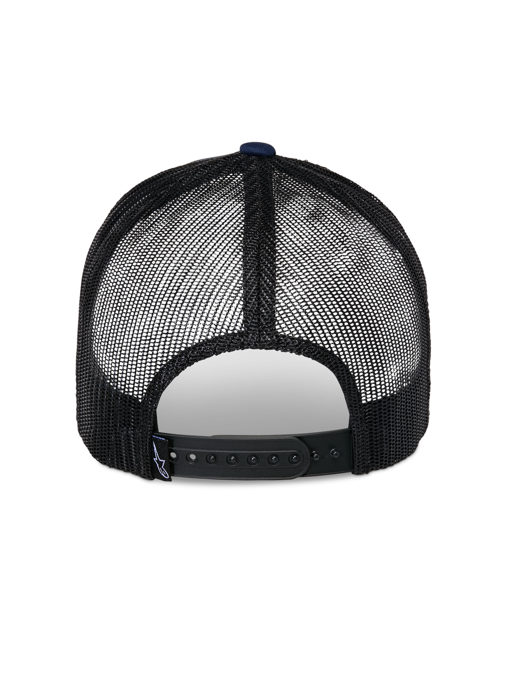 Alpinestars Reflect Ageless Trucker Hat, back view, Navy and Black, featuring breathable black mesh panels and an adjustable snapback closure, casual motorsport headwear