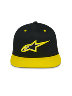 Alpinestars Thickness Snapback Hat, flat bill structured crown cap, Black with high-visibility yellow brim and eyelets, front 3D embroidered Astars logo, casual motorsport streetwear