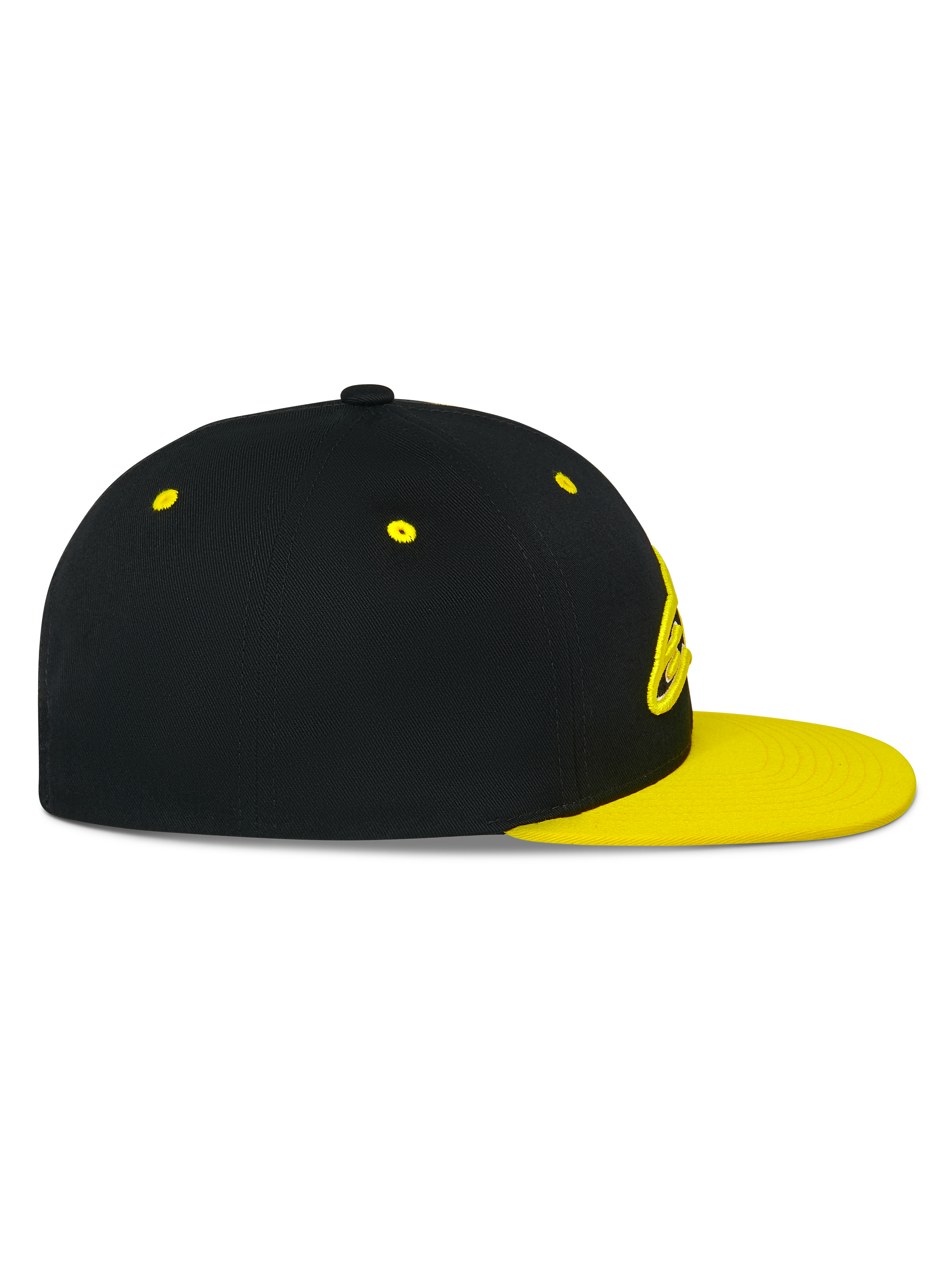Alpinestars Thickness Snapback Hat, side profile view, Black crown with Hi-Vis Yellow flat bill and eyelets, 3D embroidered logo on front, casual motorsport-inspired headwear