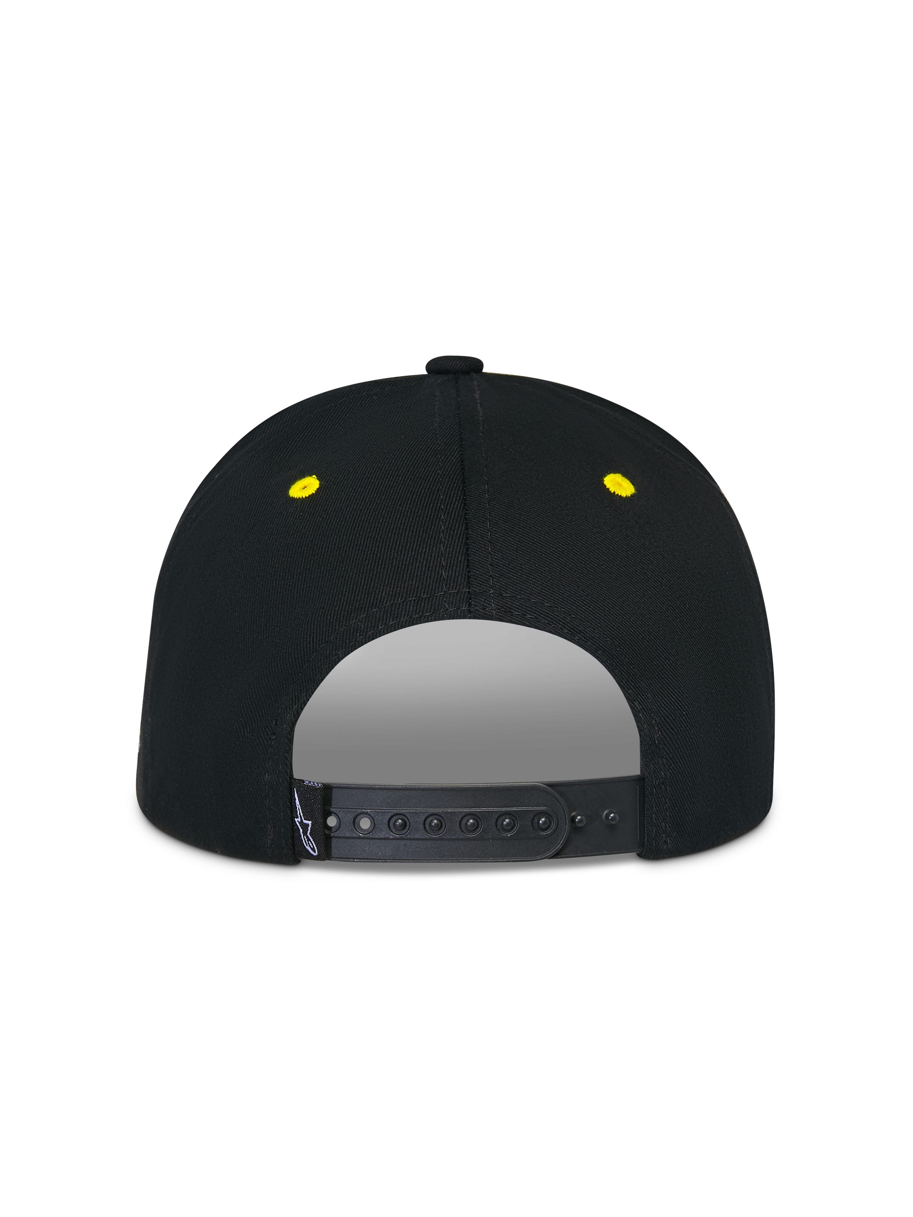 Alpinestars Thickness Snapback Hat, Black and Hi-Vis Yellow, back view featuring adjustable snapback closure, yellow embroidered eyelets, structured crown, casual motorsport headwear