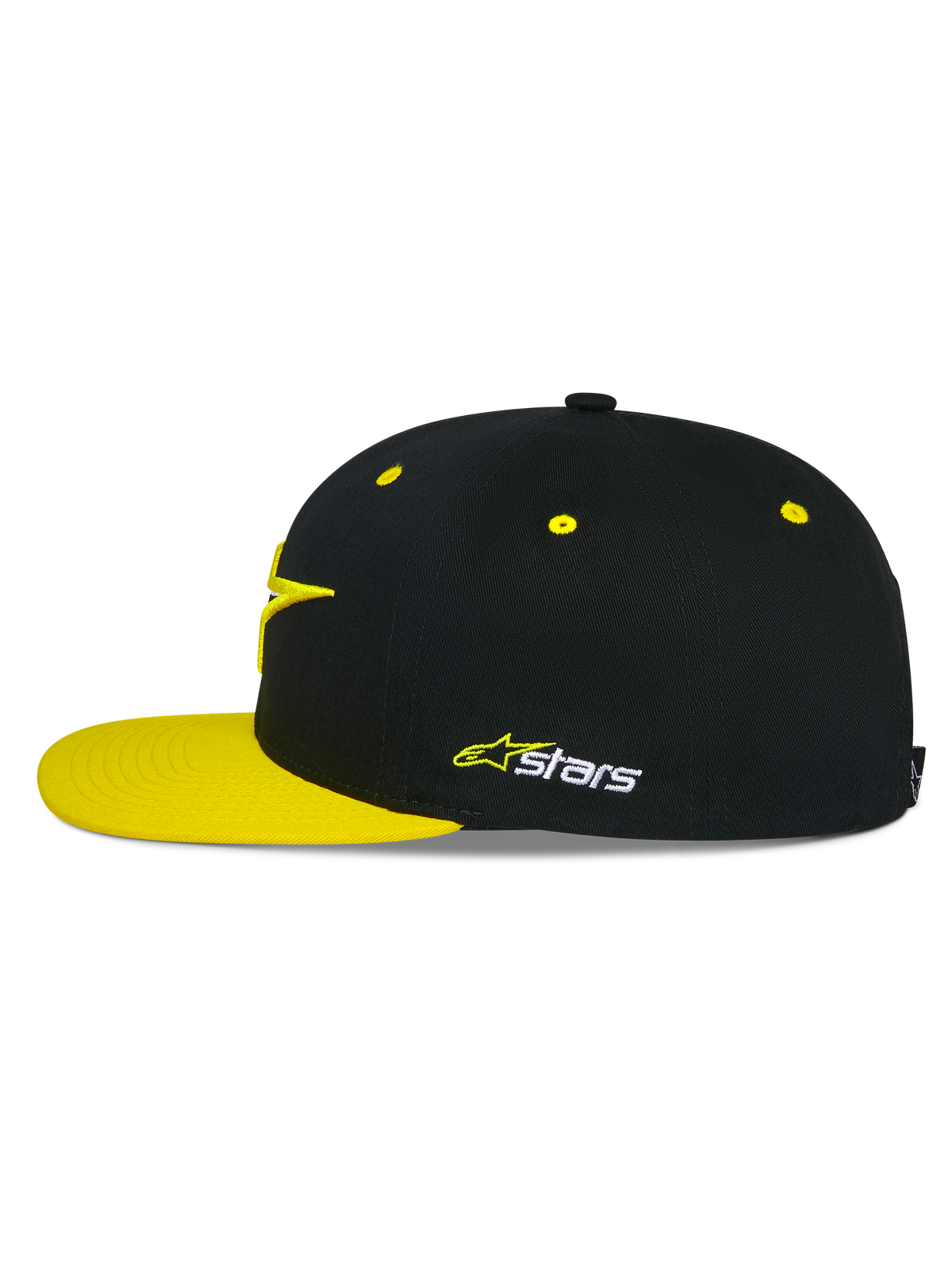 Alpinestars Thickness Snapback Hat, Black and Hi-Vis Yellow, side profile, structured crown with yellow eyelets and flat yellow bill, embroidered Astars logo on the side, casual motorsport headwear