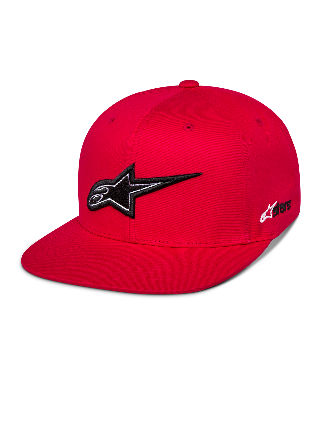 Alpinestars Thickness Snapback-keps, röd baseballkeps med platt skärm, framträdande svartvit 3D-broderad Astars-logotyp, strukturerad krona med matchande röda ventilationshål, avslappnad motorsport-streetwear