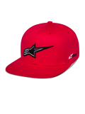 Alpinestars Thickness Snapback-keps, röd baseballkeps med platt skärm, framträdande svartvit 3D-broderad Astars-logotyp, strukturerad krona med matchande röda ventilationshål, avslappnad motorsport-streetwear