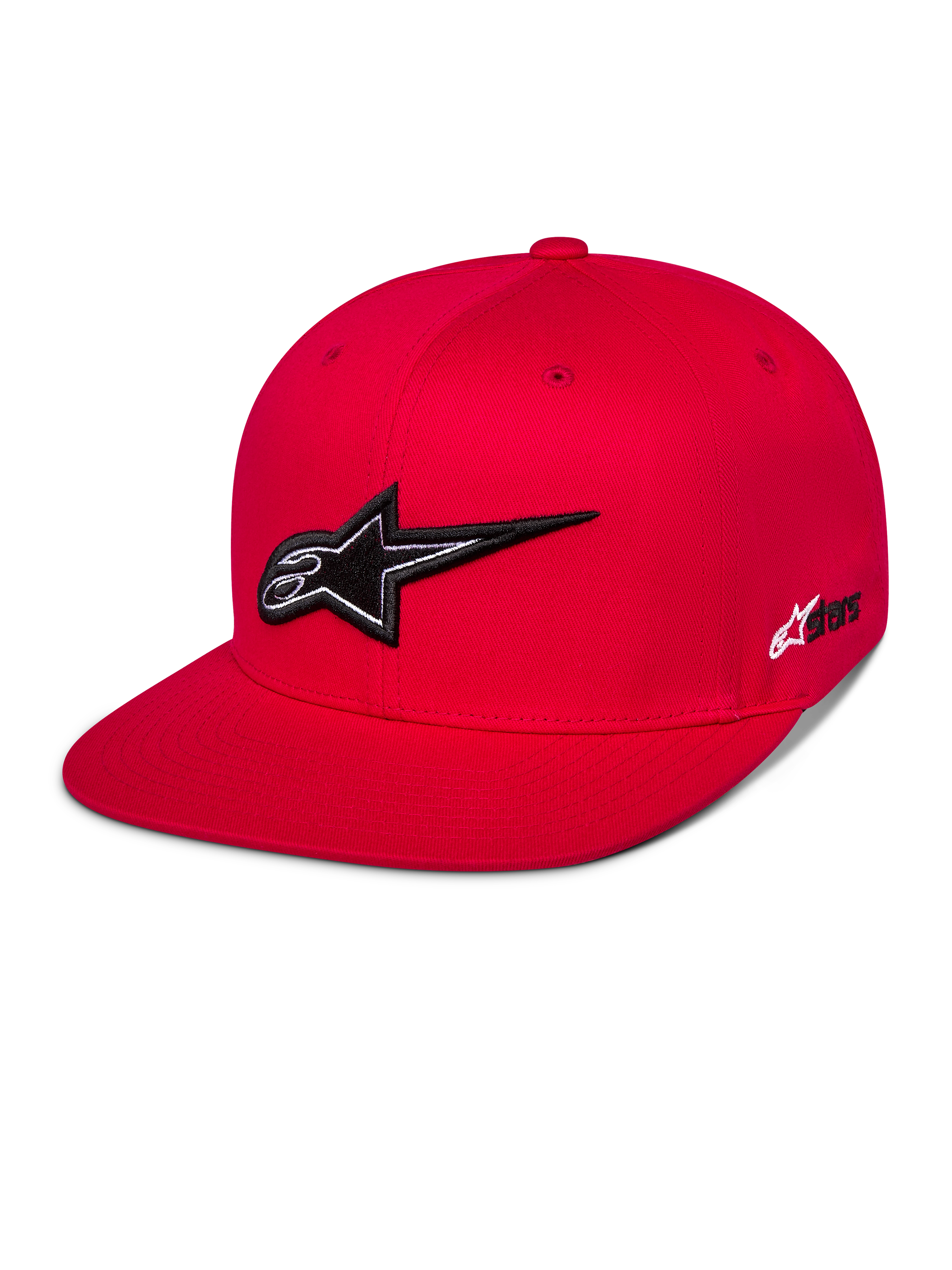 Alpinestars Thickness Snapback-keps, röd baseballkeps med platt skärm, framträdande svartvit 3D-broderad Astars-logotyp, strukturerad krona med matchande röda ventilationshål, avslappnad motorsport-streetwear