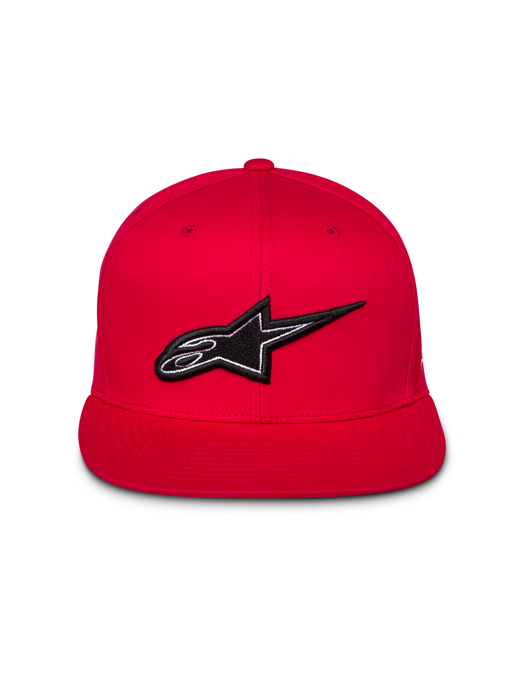 Alpinestars Thickness Snapback-keps, röd, vy framifrån med 3D-broderad svartvit Astars-logotyp, platt skärm, strukturerad krona, casual streetwear