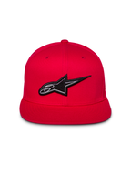 Alpinestars Thickness Snapback-keps, röd, vy framifrån med 3D-broderad svartvit Astars-logotyp, platt skärm, strukturerad krona, casual streetwear