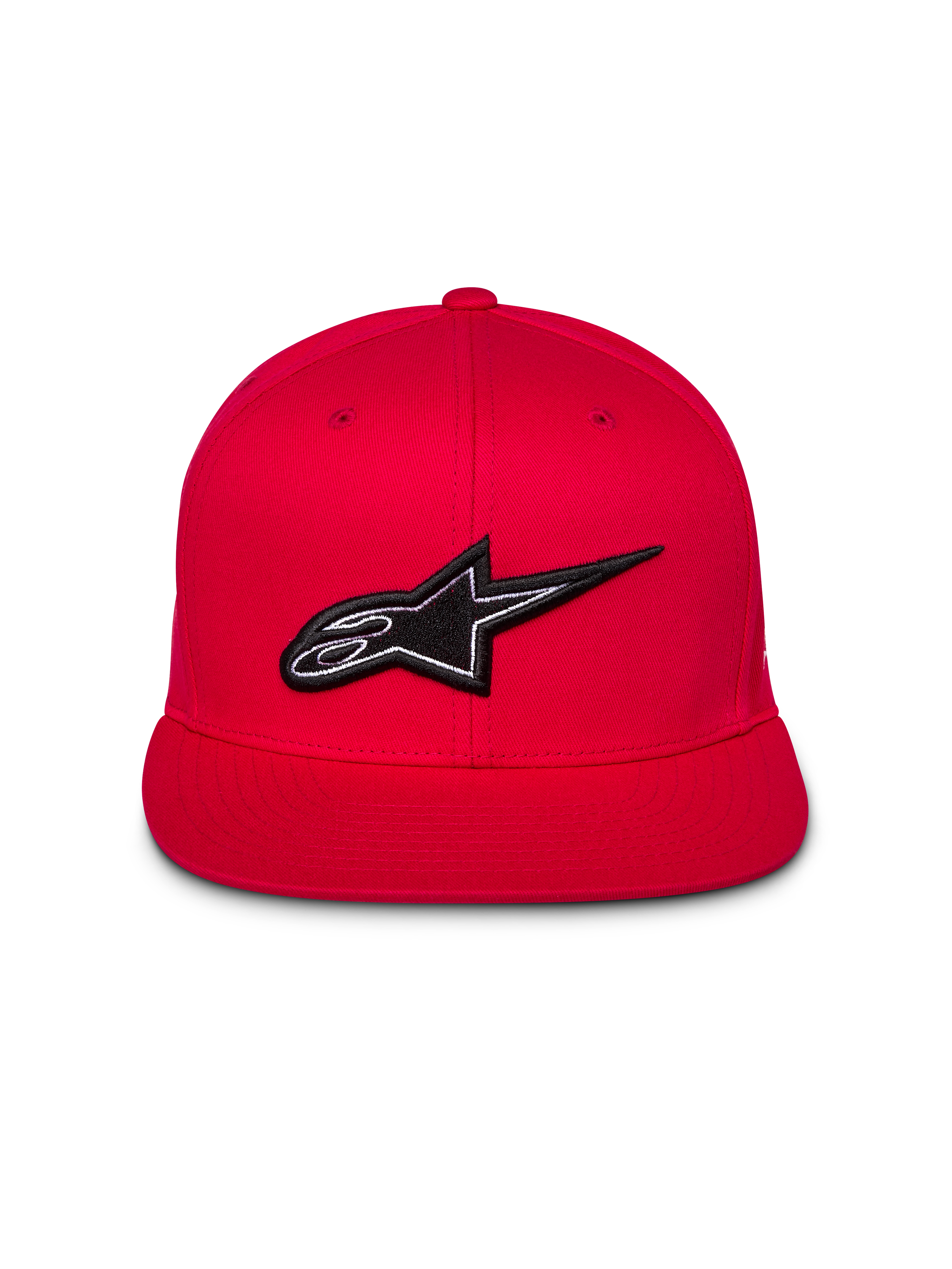 Alpinestars Thickness Snapback-keps, röd, vy framifrån med 3D-broderad svartvit Astars-logotyp, platt skärm, strukturerad krona, casual streetwear