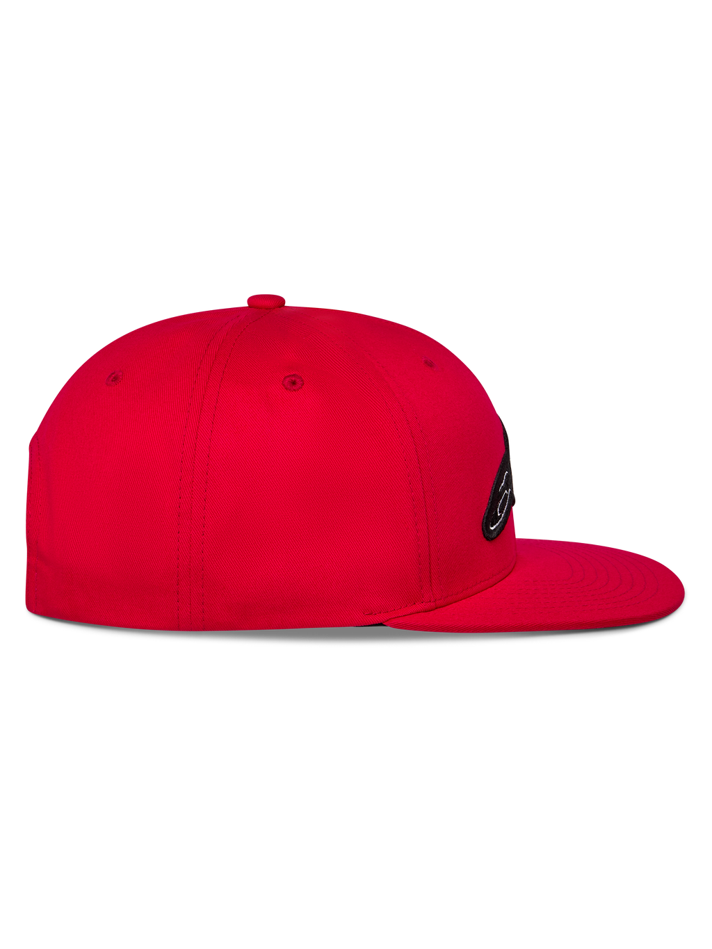 Alpinestars Thickness Snapback-keps, röd, sidovy som visar den platta skärmen och strukturerade kronan, broderad logotyp på framsidan, vardaglig motorsportinspirerad huvudbonad
