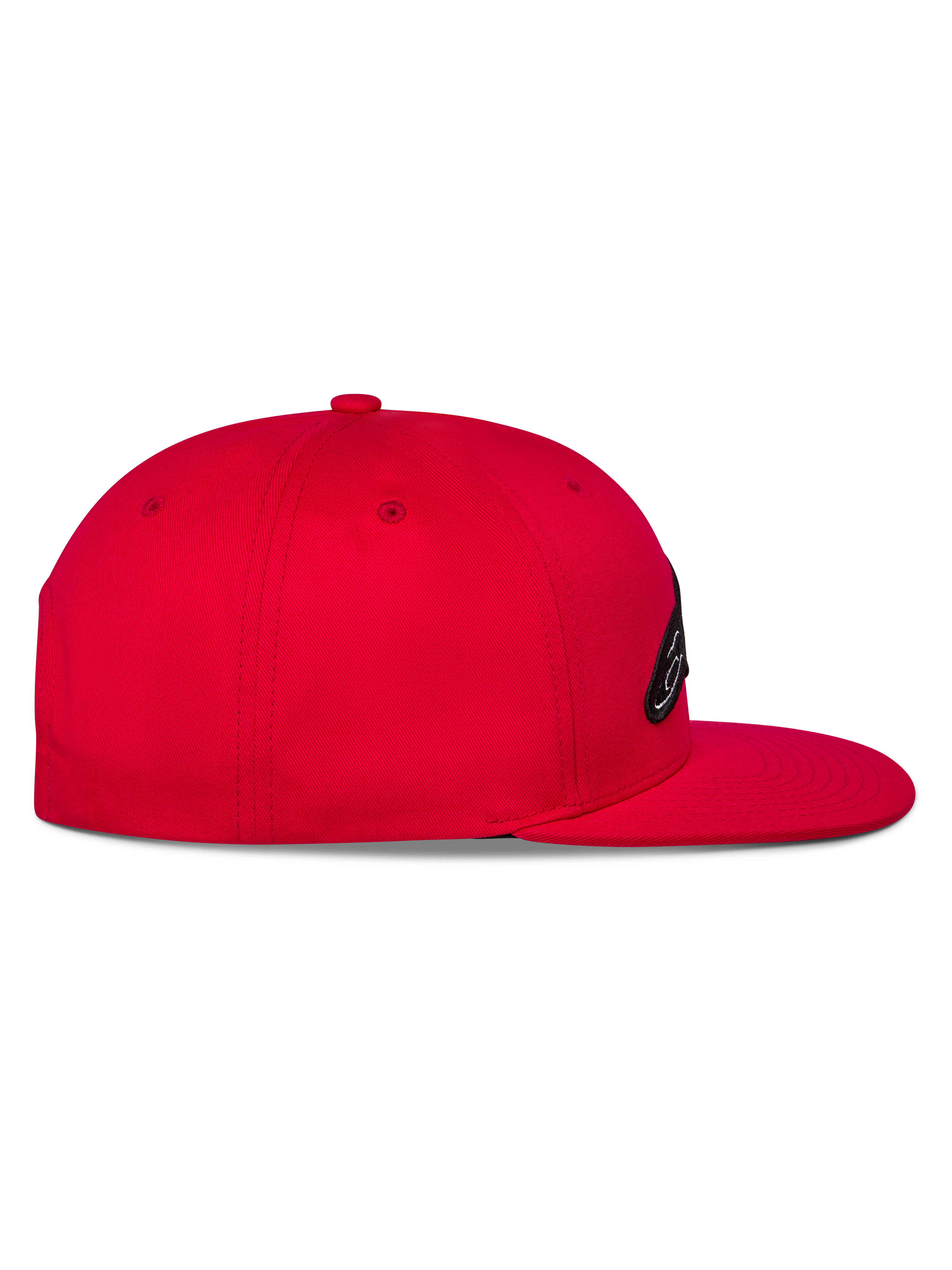 Alpinestars Thickness Snapback-keps, röd, sidovy som visar den platta skärmen och strukturerade kronan, broderad logotyp på framsidan, vardaglig motorsportinspirerad huvudbonad