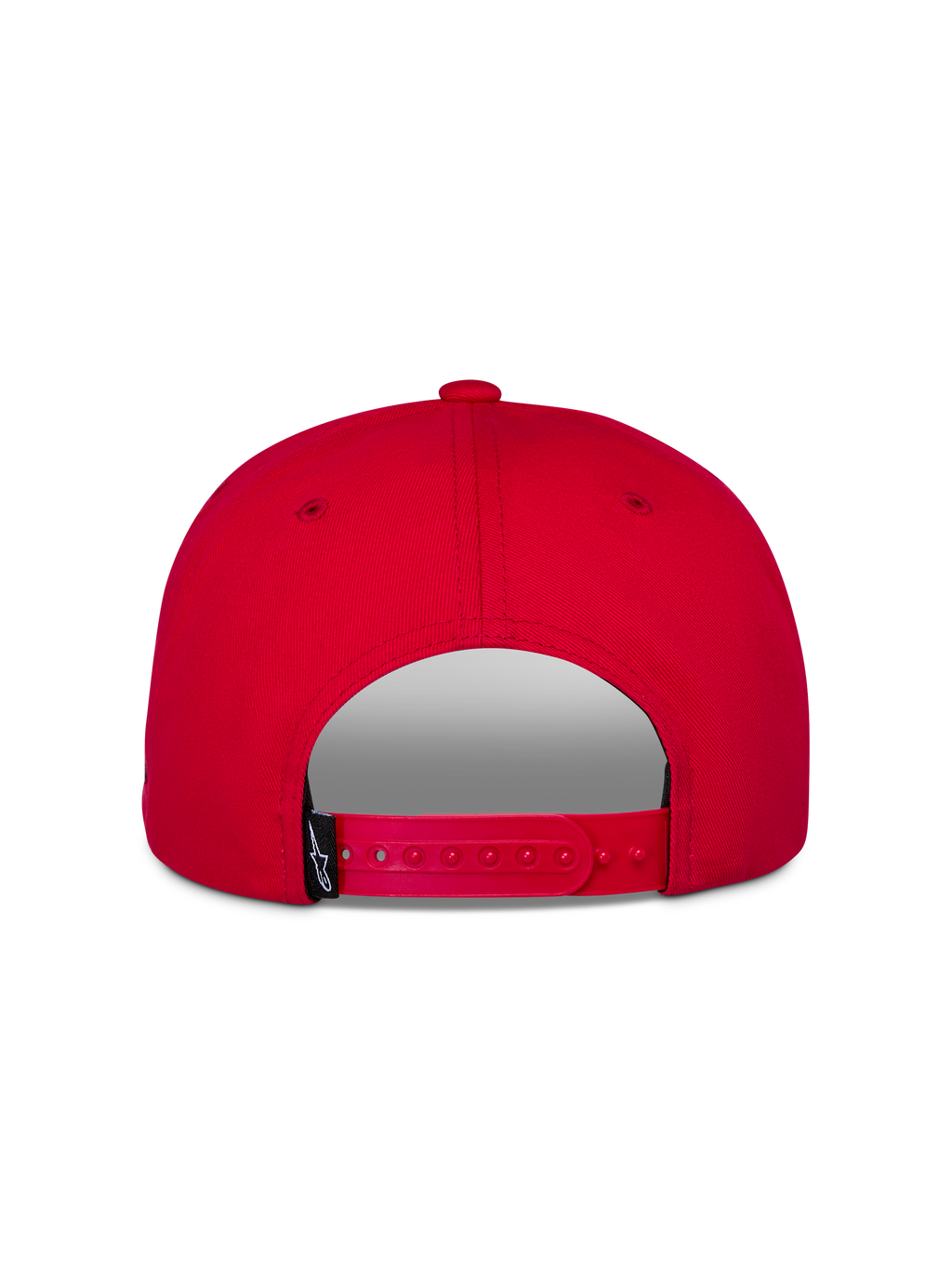 Alpinestars Thickness Snapback-keps, röd, vy bakifrån som visar justerbart snapback-spänne, strukturerad krona, rött twilltyg, liten svart märkesetikett