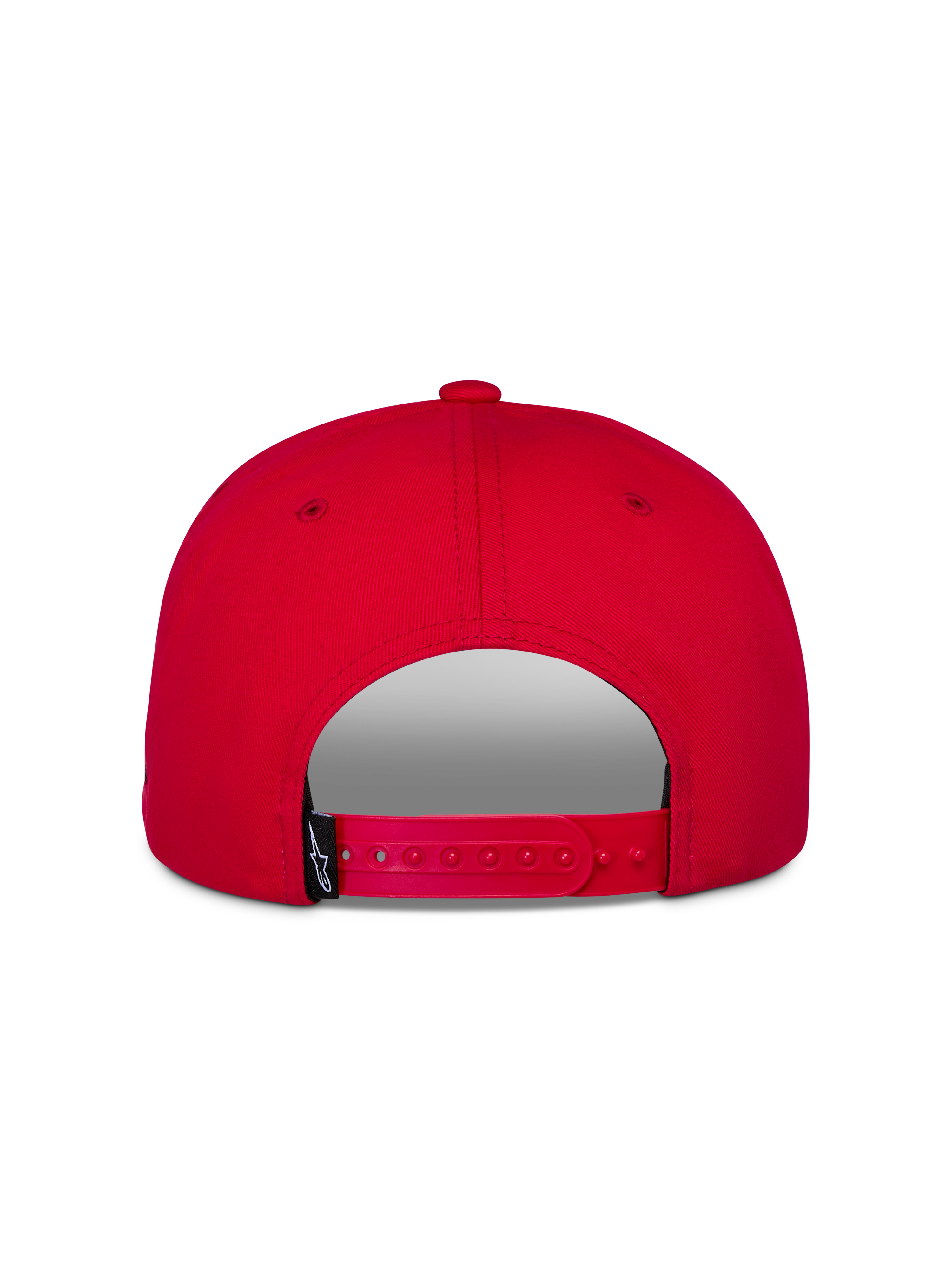 Alpinestars Thickness Snapback-keps, röd, vy bakifrån som visar justerbart snapback-spänne, strukturerad krona, rött twilltyg, liten svart märkesetikett