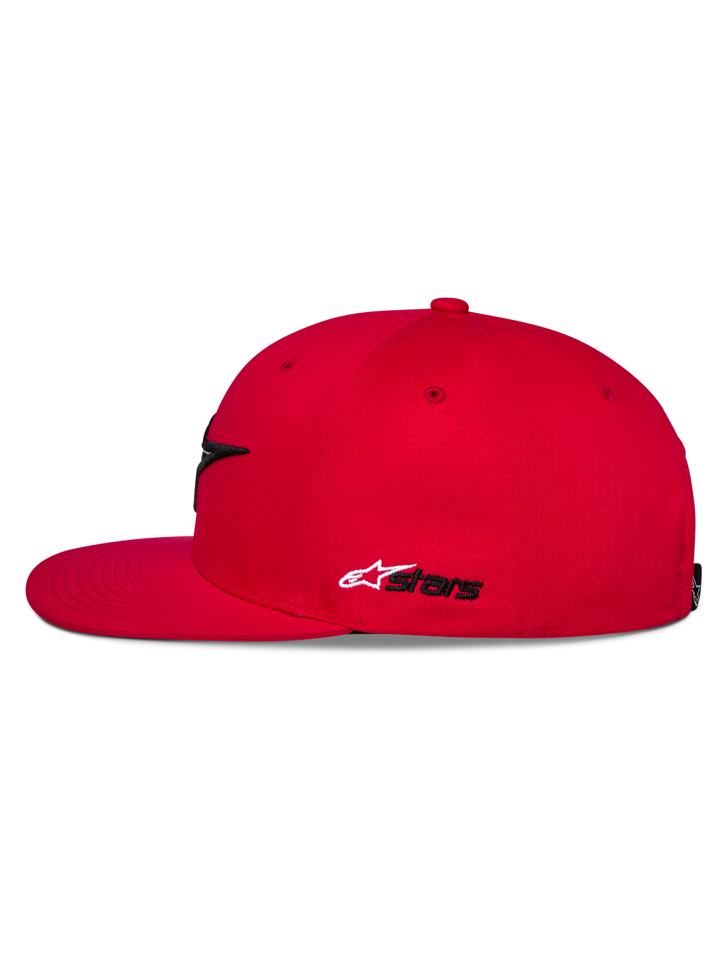 Alpinestars Thickness Snapback keps, röd, sidovy, platt skärm och strukturerad krona, vitt och svart Astars-broderi på sidan, avslappnad motorsportinspirerad huvudbonad