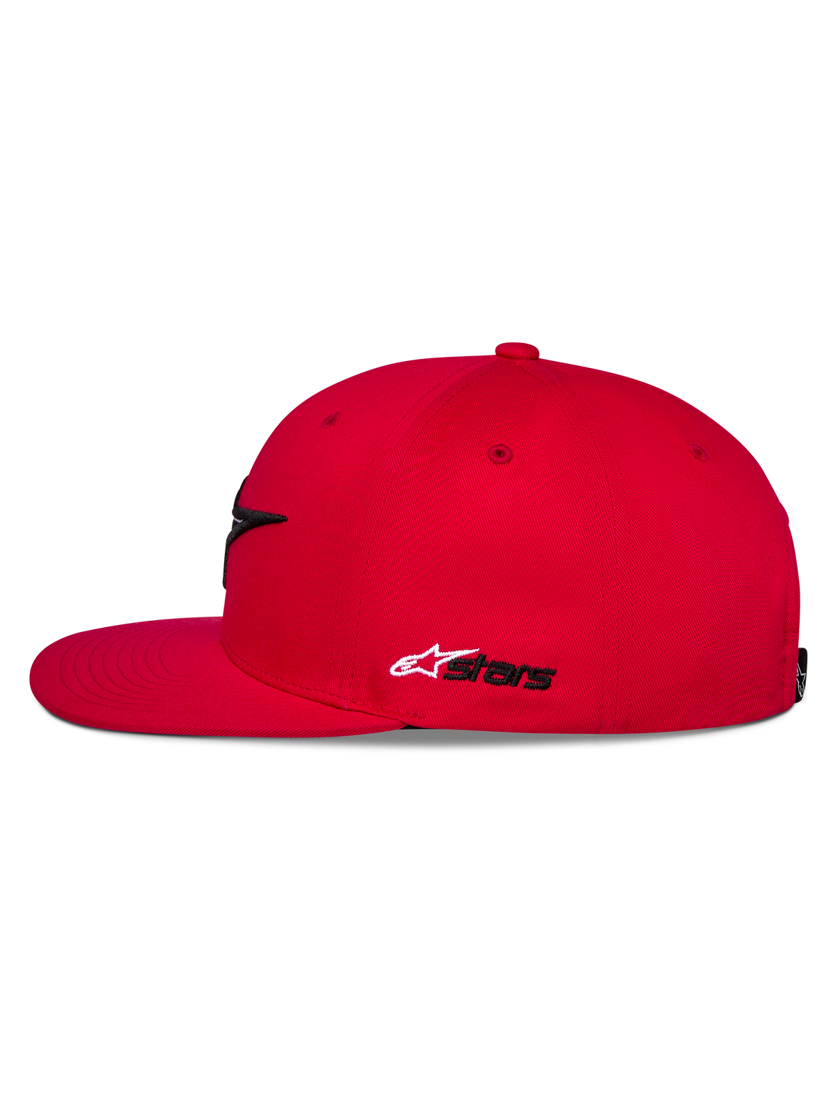 Alpinestars Thickness Snapback keps, röd, sidovy, platt skärm och strukturerad krona, vitt och svart Astars-broderi på sidan, avslappnad motorsportinspirerad huvudbonad