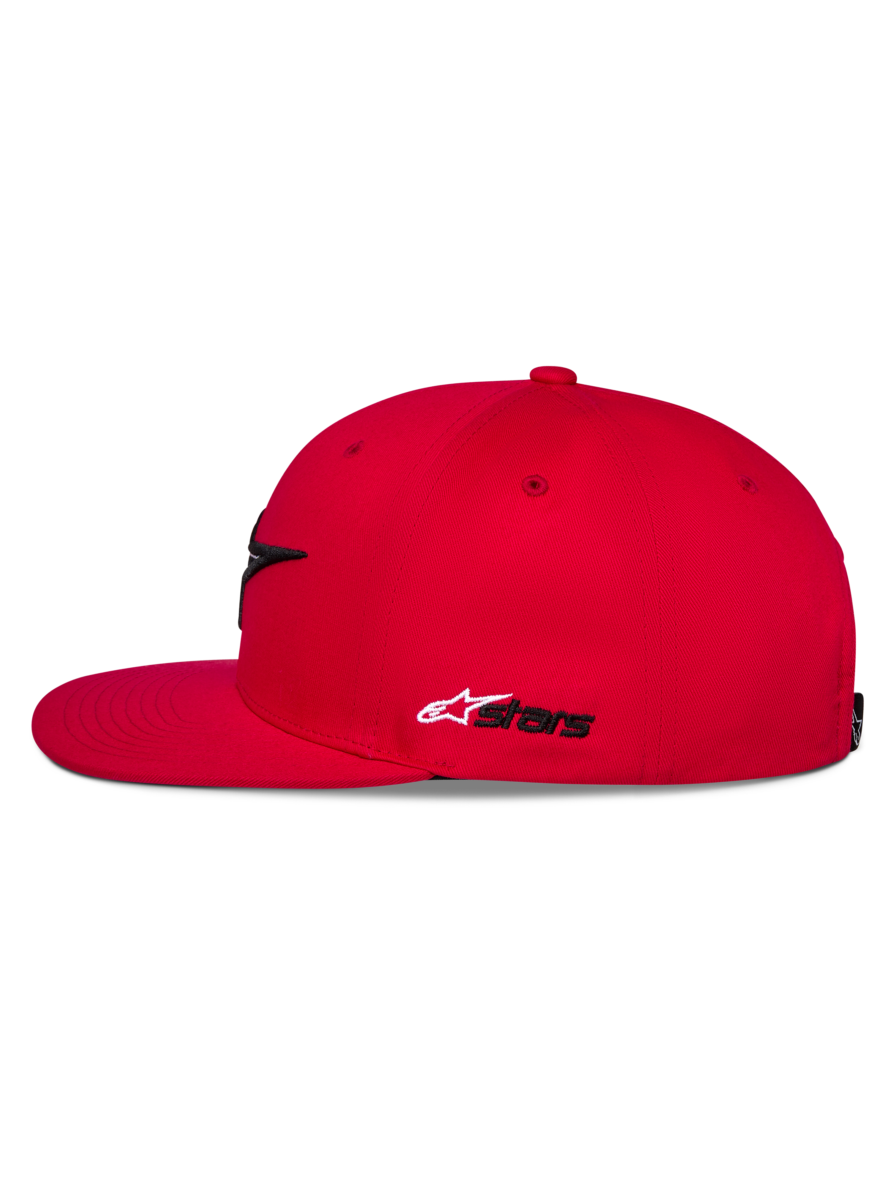 Alpinestars Thickness Snapback keps, röd, sidovy, platt skärm och strukturerad krona, vitt och svart Astars-broderi på sidan, avslappnad motorsportinspirerad huvudbonad