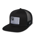 Alpinestars Flag Flat Trucker Hat, Black, flat bill with structured crown, breathable black mesh back, rectangular front patch with horizontal stripes and star logo, side embroidery, casual motorsport-inspired design