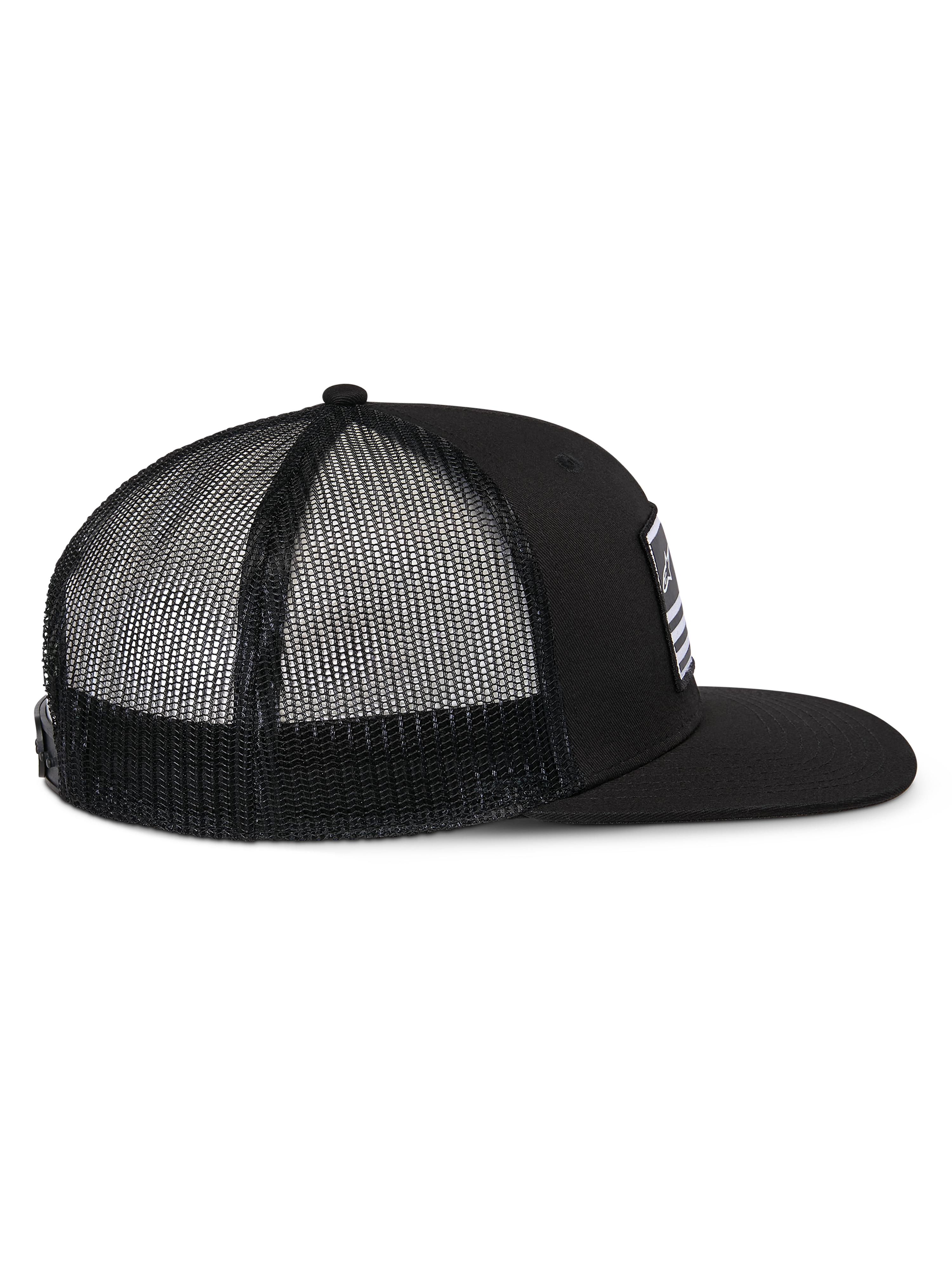 Alpinestars Flag Flat Trucker Hat, Black, side view featuring a flat bill, structured crown, and black polyester mesh back, casual motorsport-inspired headwear