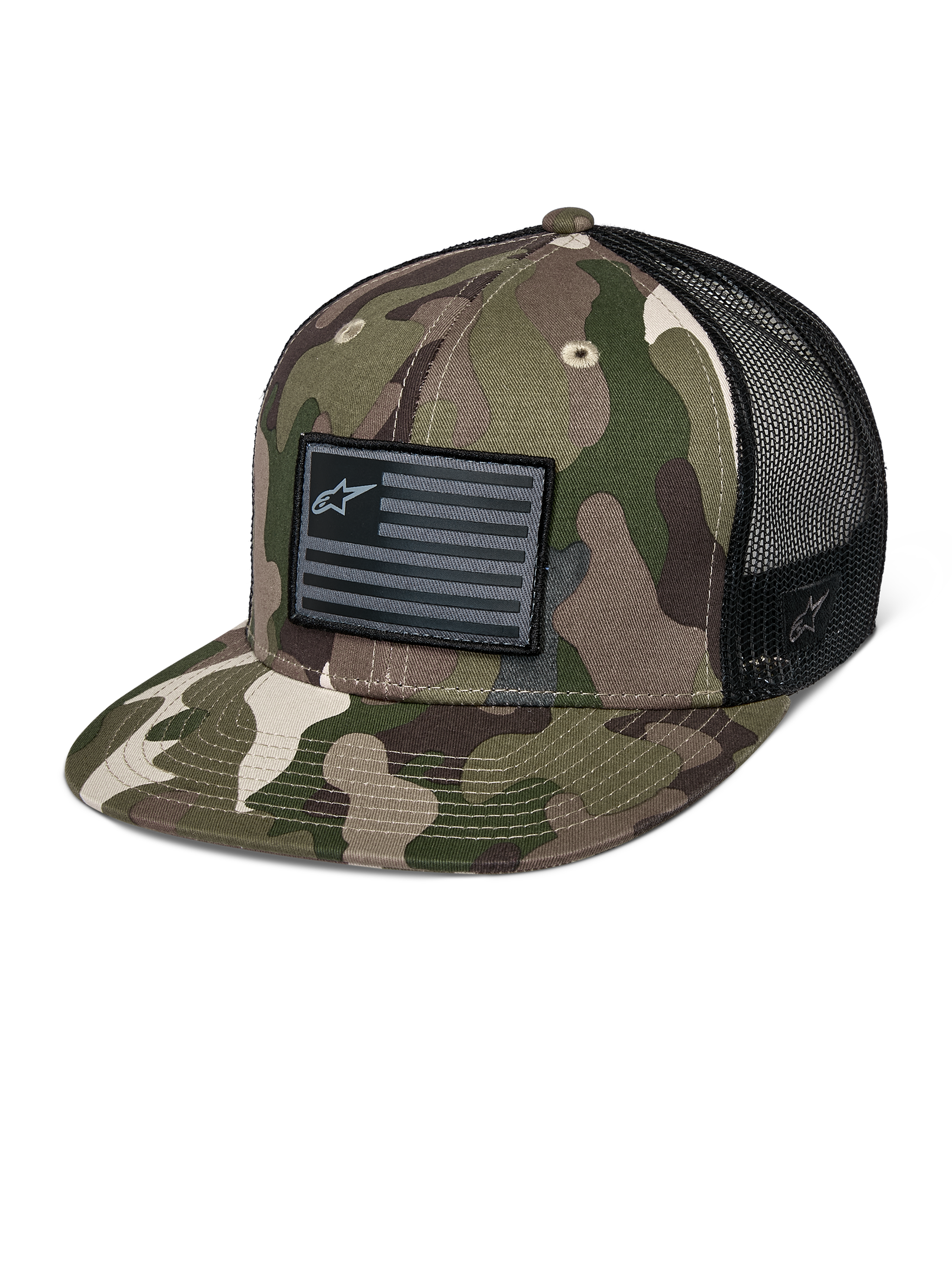 Alpinestars Flag Flat Trucker Hat, green camouflage and black, flat bill trucker cap with breathable mesh back, structured crown featuring a black flag-style logo patch, casual motorsport headwear.