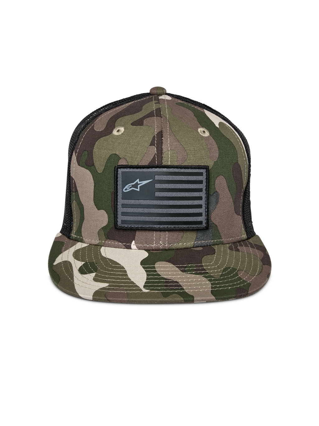 Alpinestars Flag Flat Trucker-keps, grön camo och svart, platt skärm med strukturerad krona, svart flaggmärke med Alpinestars-logotyp, baksida i mesh, avslappnad motorsportinspirerad huvudbonad