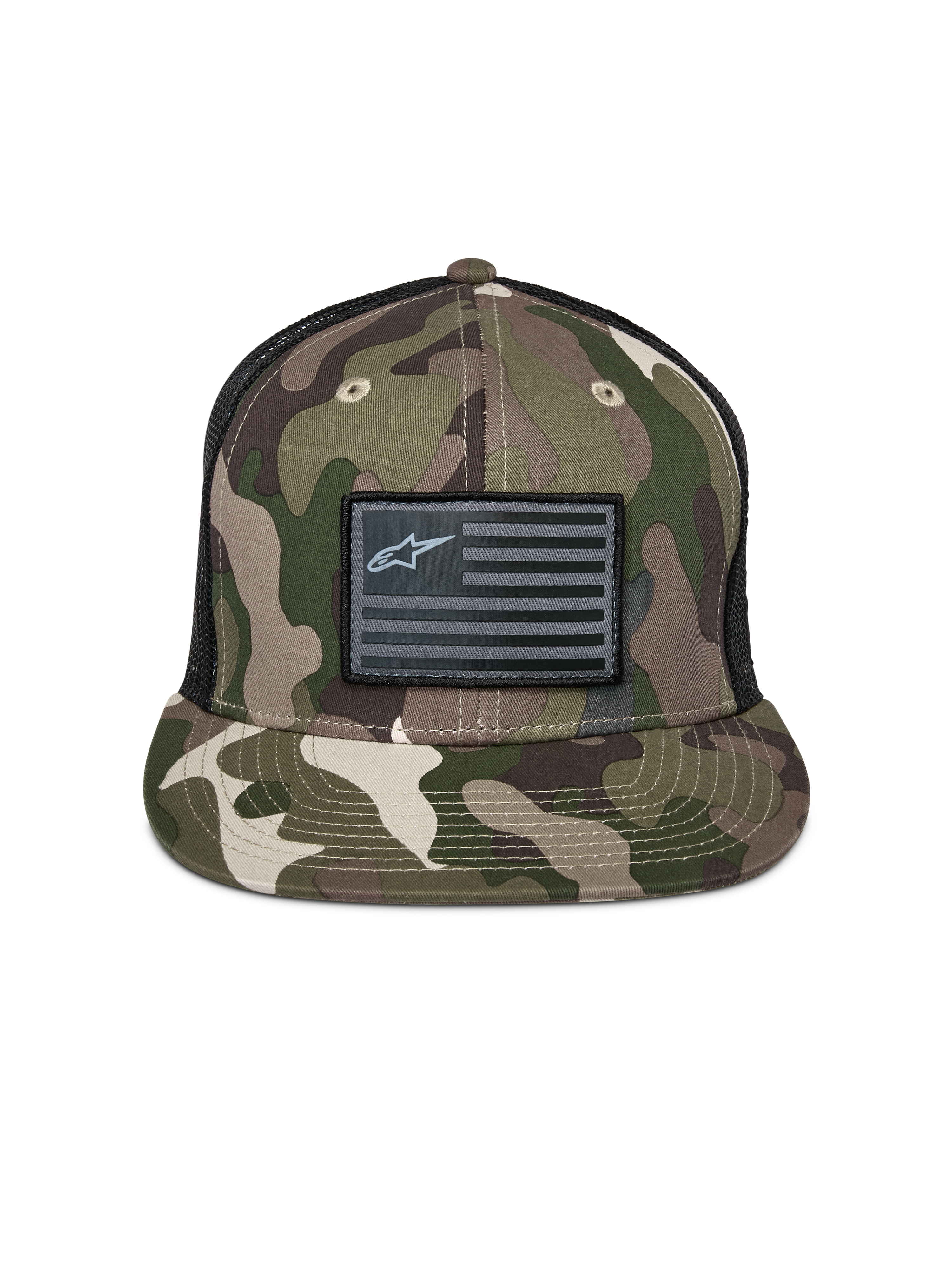 Alpinestars Flag Flat Trucker-keps, grön camo och svart, platt skärm med strukturerad krona, svart flaggmärke med Alpinestars-logotyp, baksida i mesh, avslappnad motorsportinspirerad huvudbonad