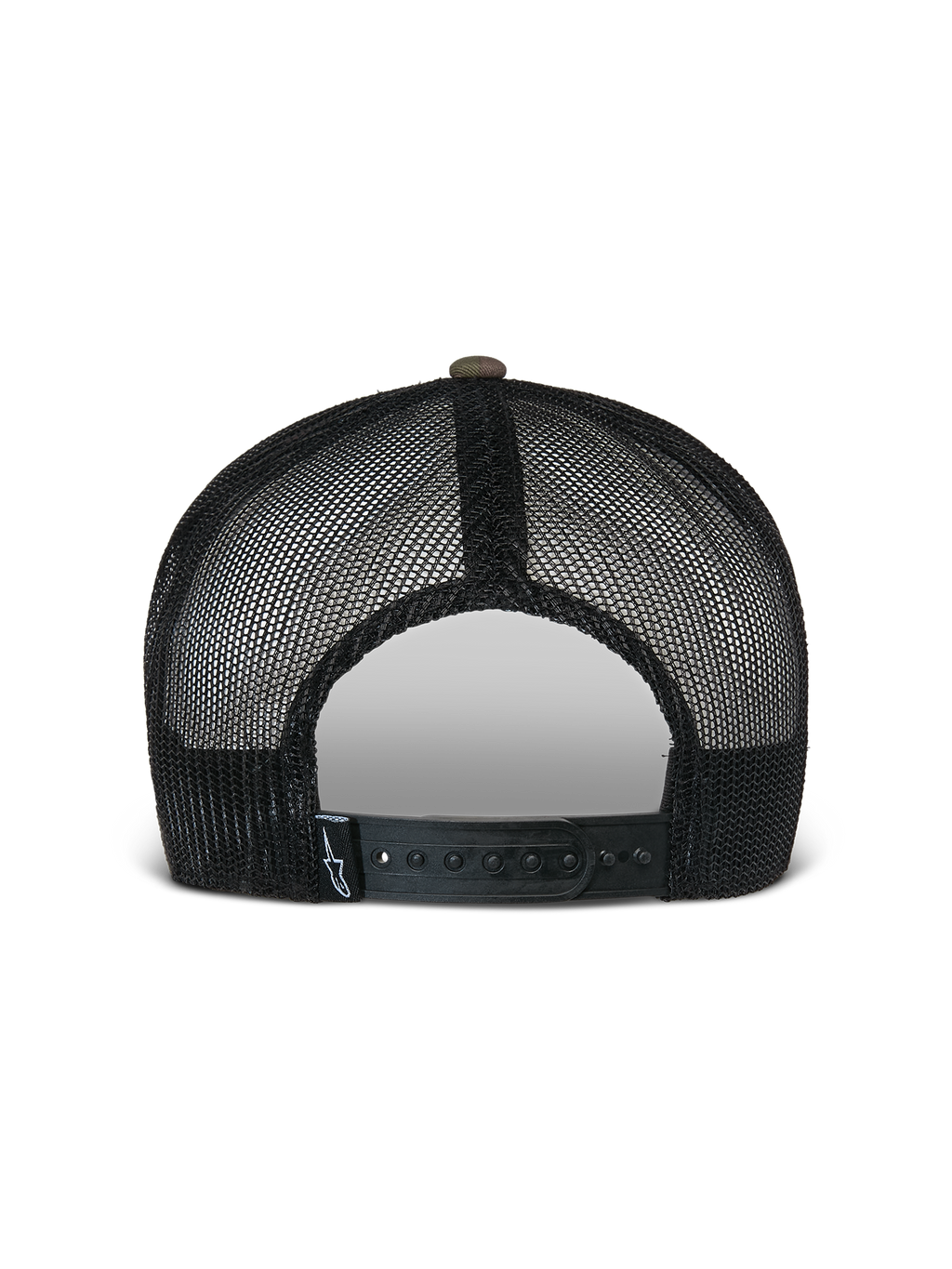 Alpinestars Flag Flat Trucker-keps, grön camo och svart, vy bakifrån med ventilerande svarta meshpaneler och en justerbar snapback-knäppning med en liten logotypetikett, avslappnad motorsportinspirerad huvudbonad