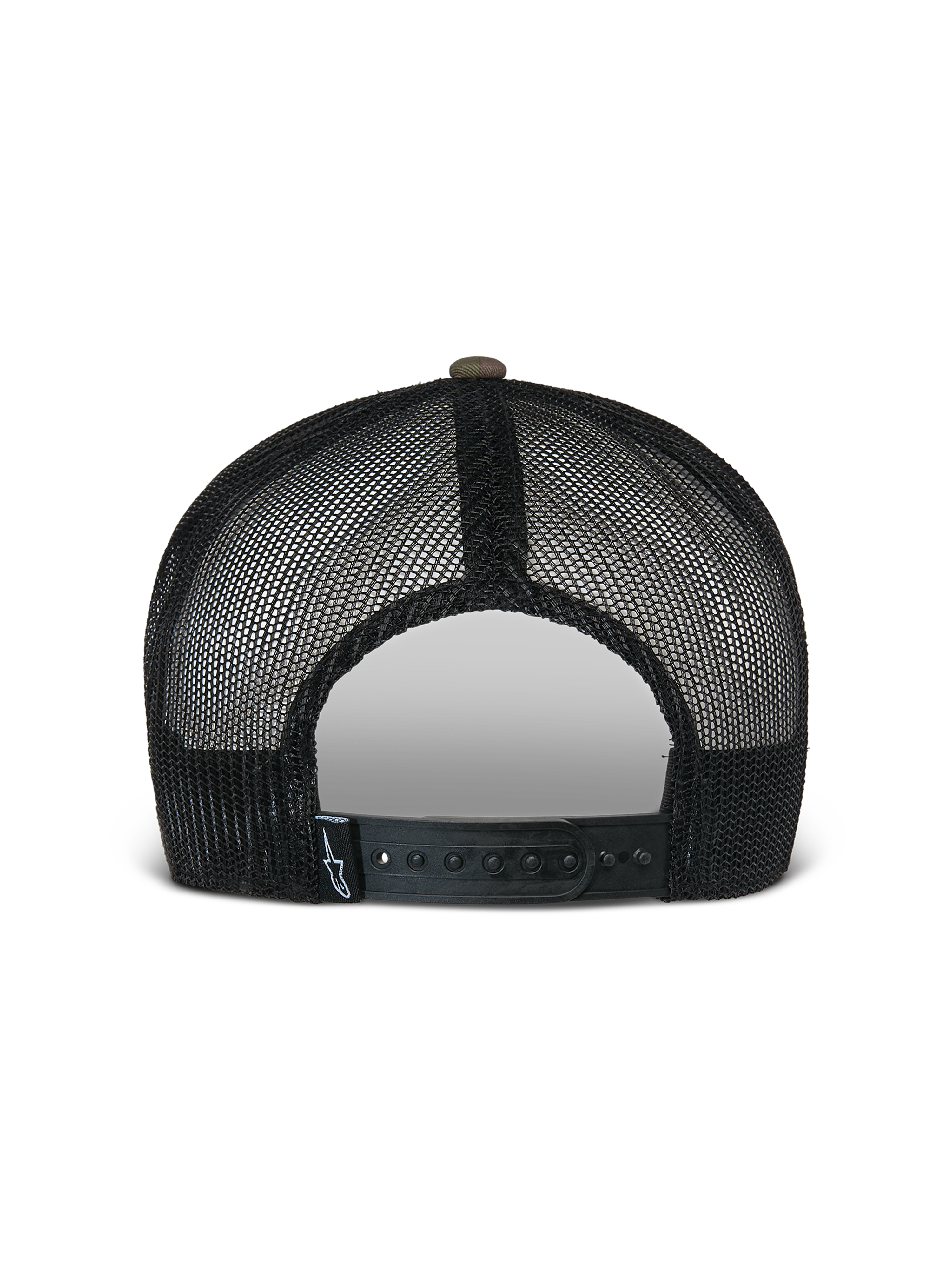 Alpinestars Flag Flat Trucker-keps, grön camo och svart, vy bakifrån med ventilerande svarta meshpaneler och en justerbar snapback-knäppning med en liten logotypetikett, avslappnad motorsportinspirerad huvudbonad