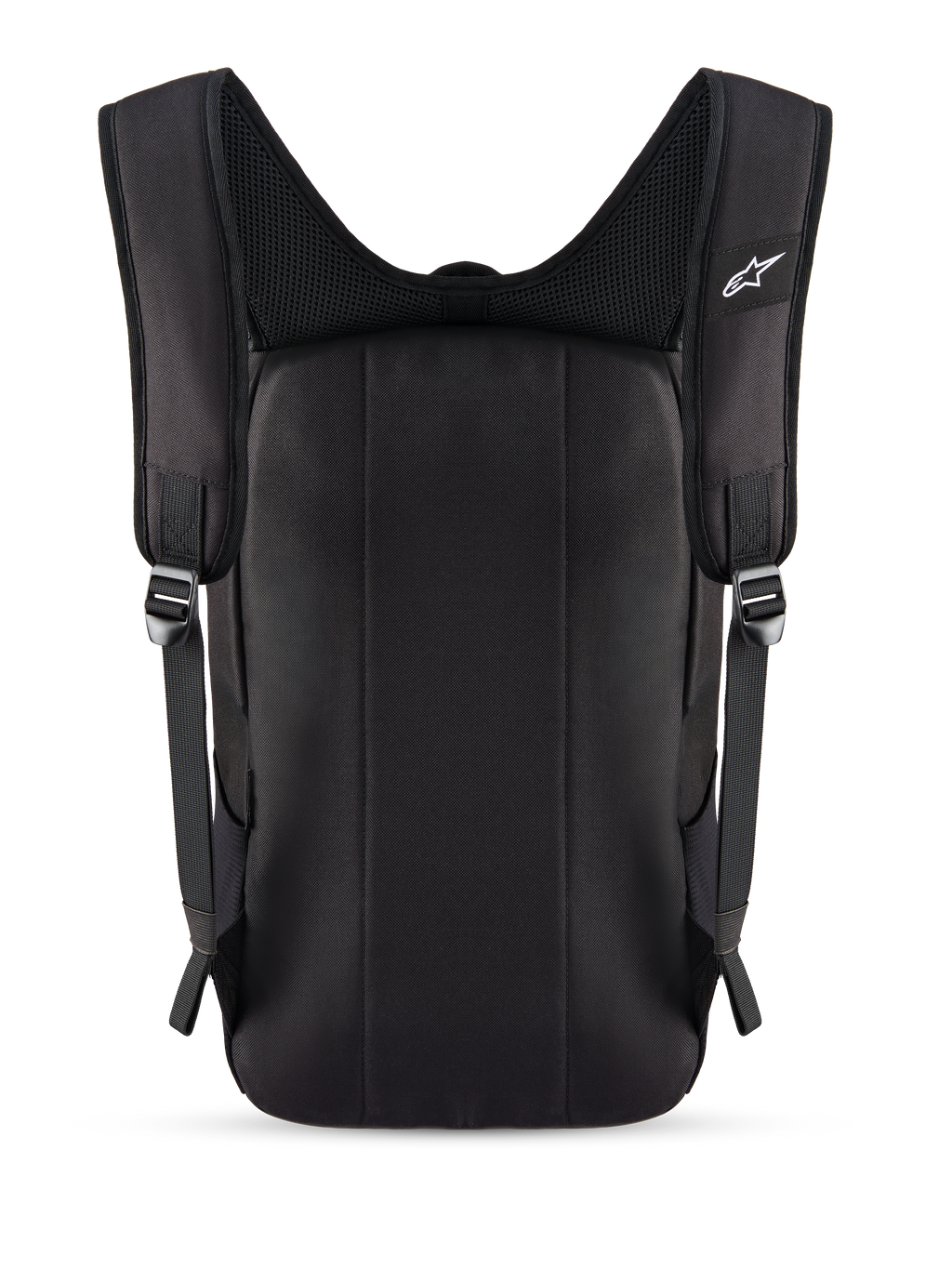 Alpinestars Defcon V3 ryggsäck, svart, baksida med vadderad ryggpanel och axelremmar i ventilerande mesh, liten vit Alpinestars-logotyp på remmen, hållbar konstruktion i 600D polyester för vardagsbruk