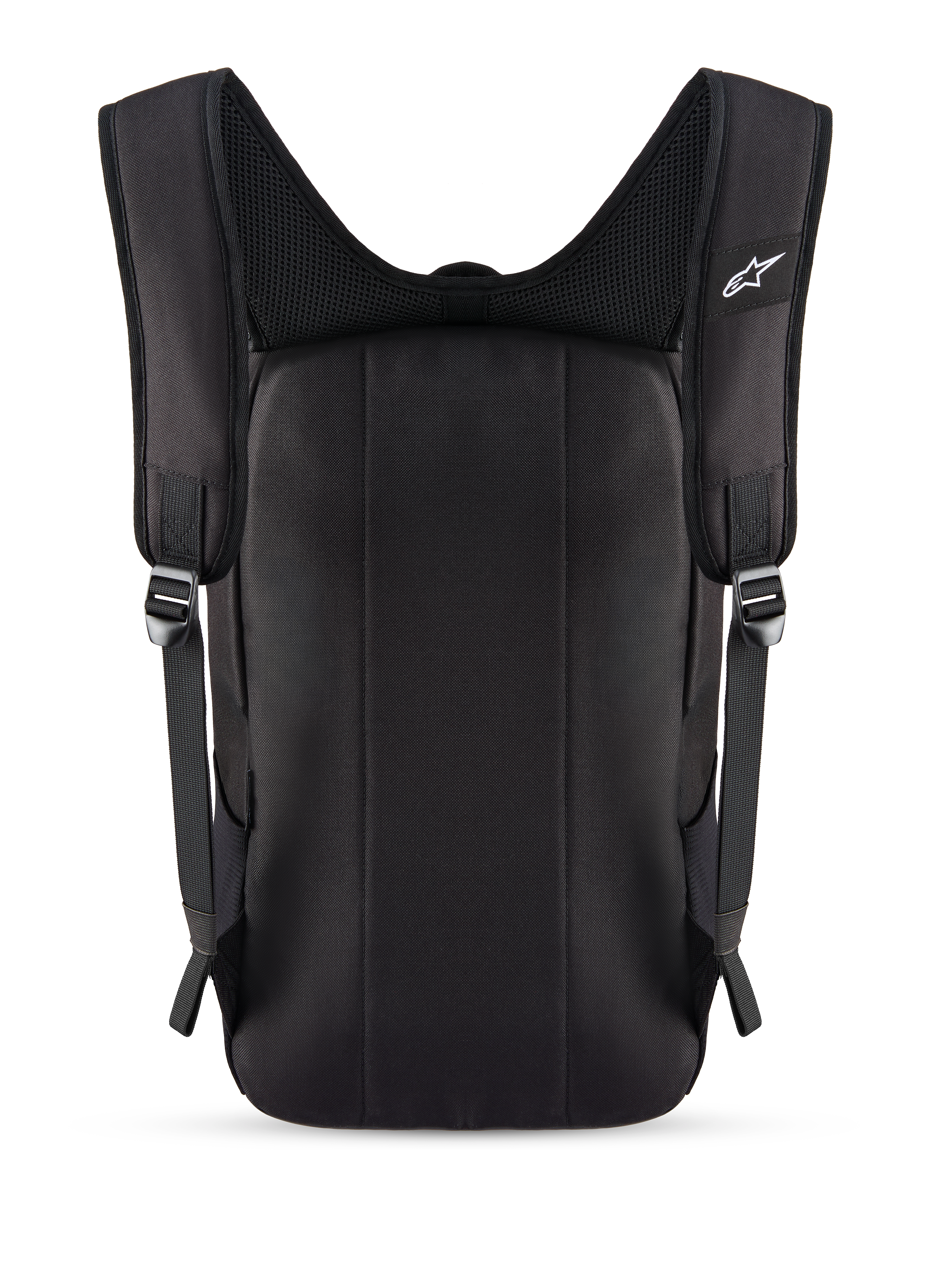 Alpinestars Defcon V3 ryggsäck, svart, baksida med vadderad ryggpanel och axelremmar i ventilerande mesh, liten vit Alpinestars-logotyp på remmen, hållbar konstruktion i 600D polyester för vardagsbruk