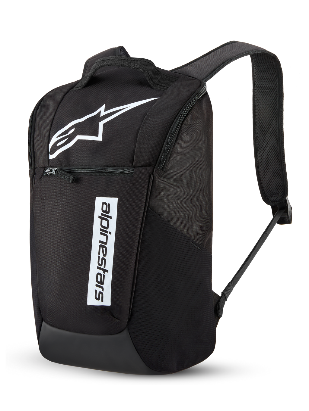 Alpinestars Defcon V3 ryggsäck, ryggsäck för vardagsbruk, svart och vit, med en stor vit Astar-logotyp och ett vertikalt Alpinestars-namnmärke, främre ficka med dragkedja, vadderade axelremmar i luftig mesh, slitstark 600D-polyester, avslappnad motorsportinspirerad design