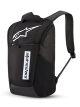 Alpinestars Defcon V3 Backpack, Daily Backpack, Black and White, featuring a large white Astar logo and vertical Alpinestars wordmark, front zippered pocket, padded air-mesh shoulder straps, durable 600D polyester, casual motorsport-inspired design